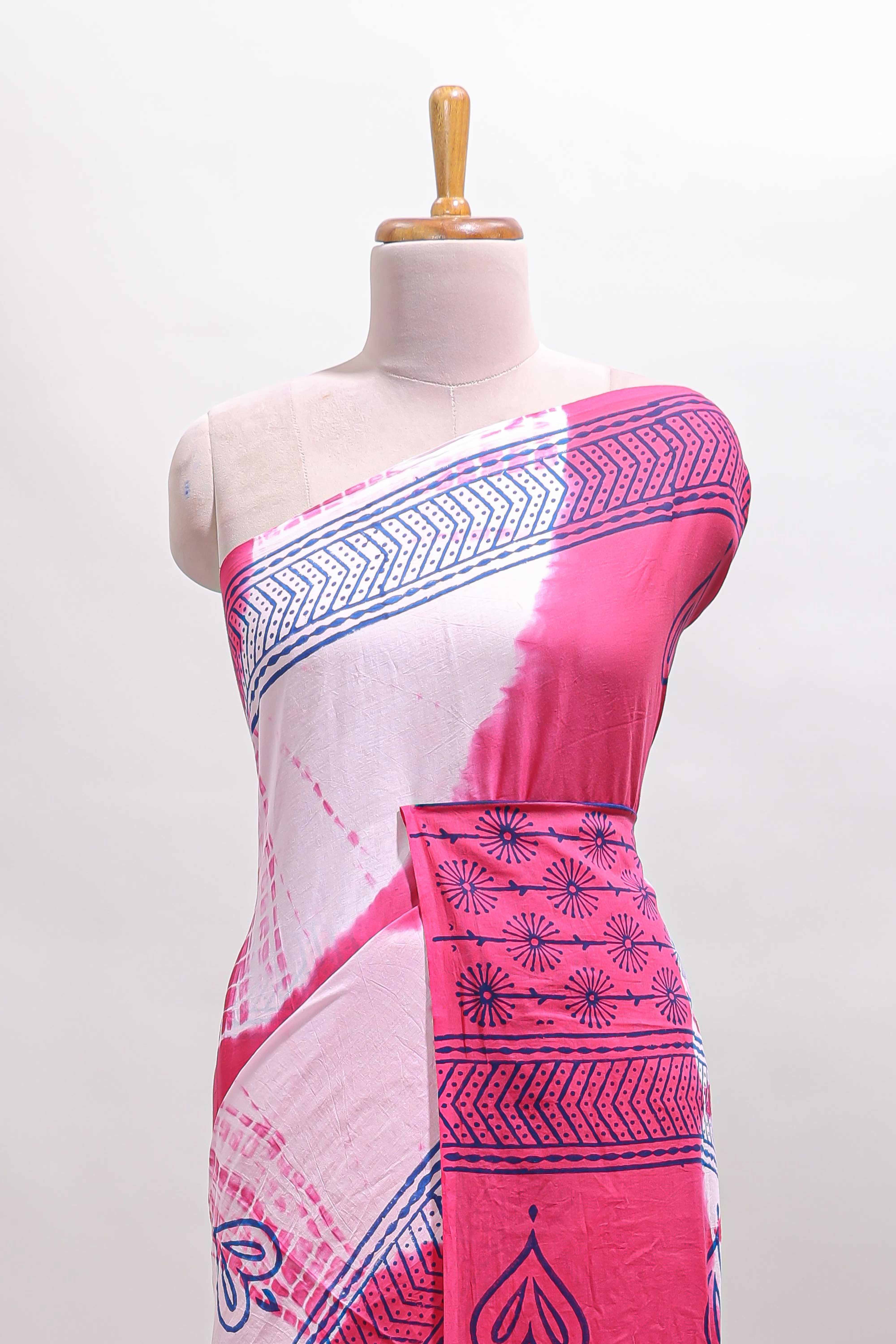 Pink & cream shibori print motifs mul mul cotton saree with selfborder and matching blouse