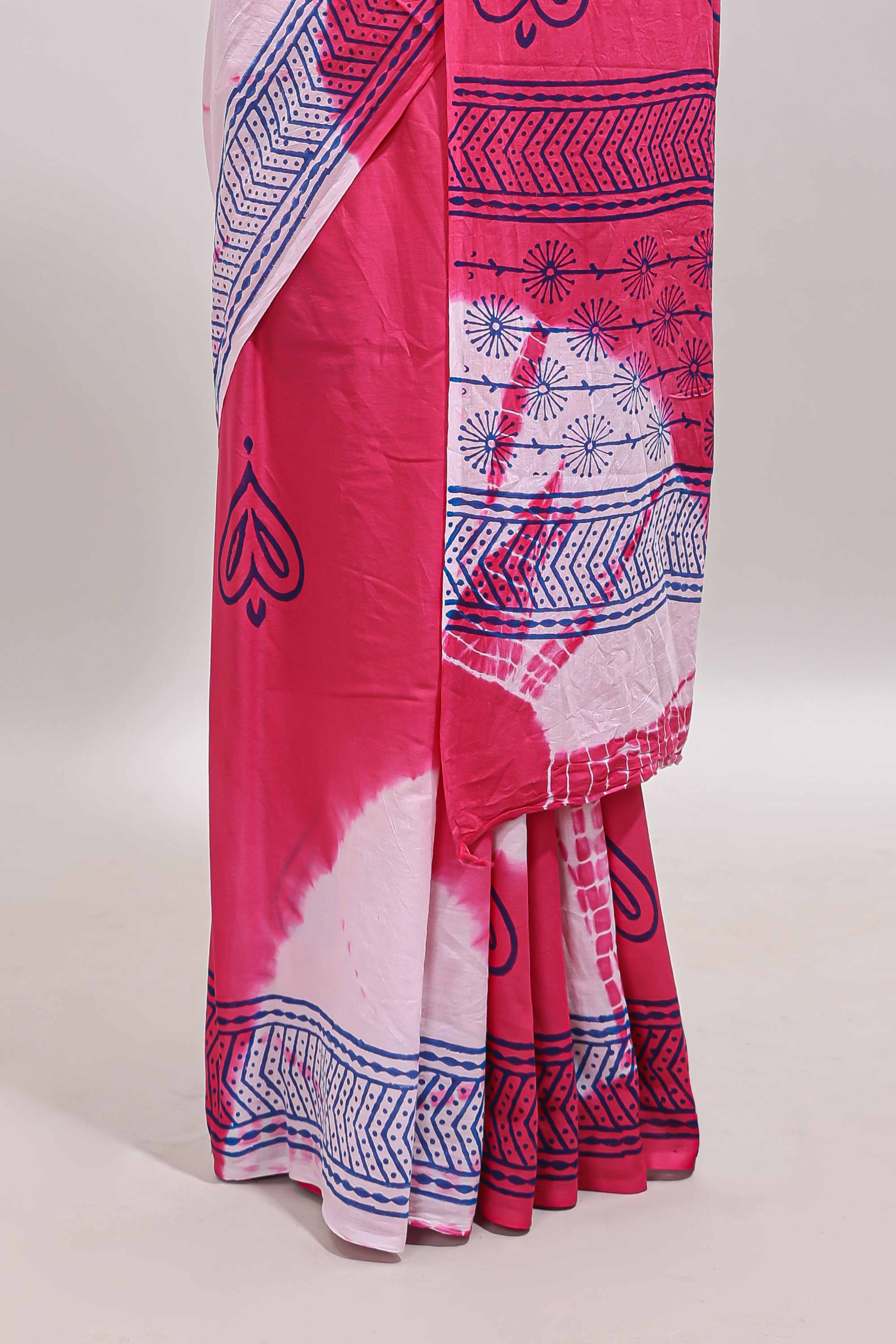Pink & cream shibori print motifs mul mul cotton saree with selfborder and matching blouse