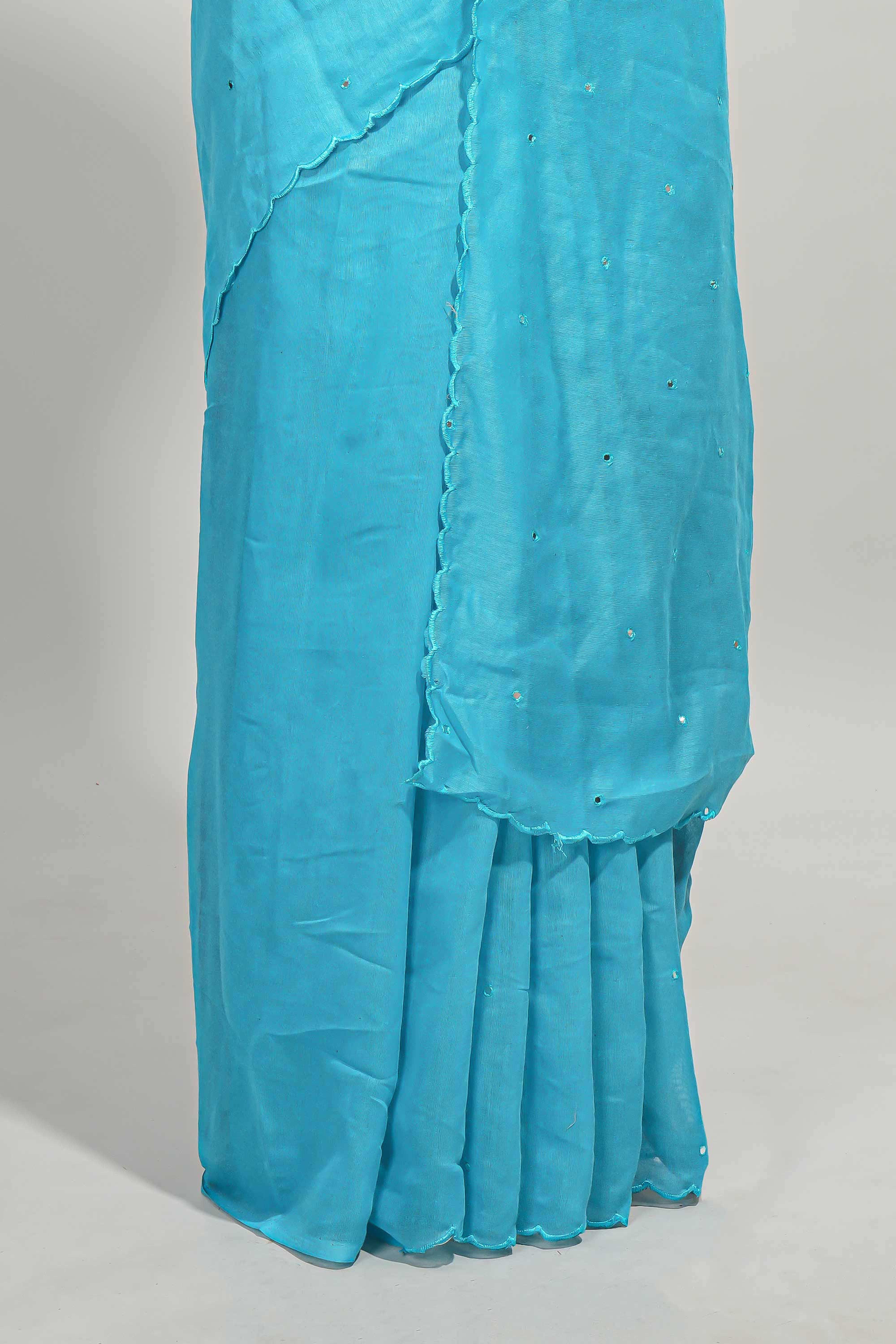 Blue mirror work embroidery design mul mul cotton saree with self scallop border and contrast multi color blouse