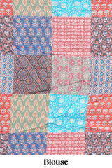 Blue mirror work embroidery design mul mul cotton saree with self scallop border and contrast multi color blouse