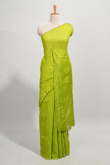 Lime green mirror work embroidery design mul mul cotton saree with self scallop border and contrast multi color blouse