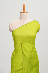 Lime green mirror work embroidery design mul mul cotton saree with self scallop border and contrast multi color blouse