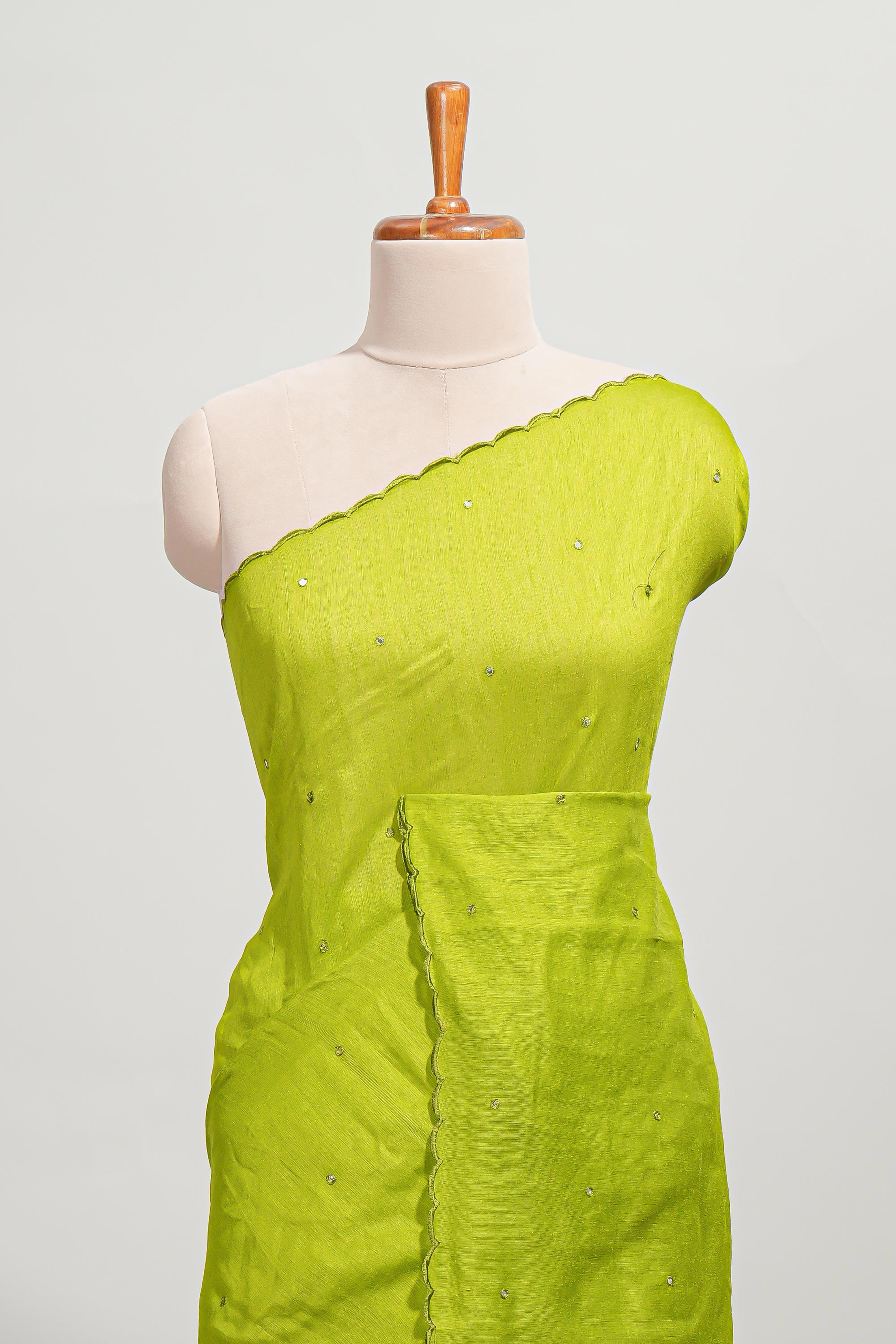 Lime green mirror work embroidery design mul mul cotton saree with self scallop border and contrast multi color blouse