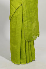 Lime green mirror work embroidery design mul mul cotton saree with self scallop border and contrast multi color blouse