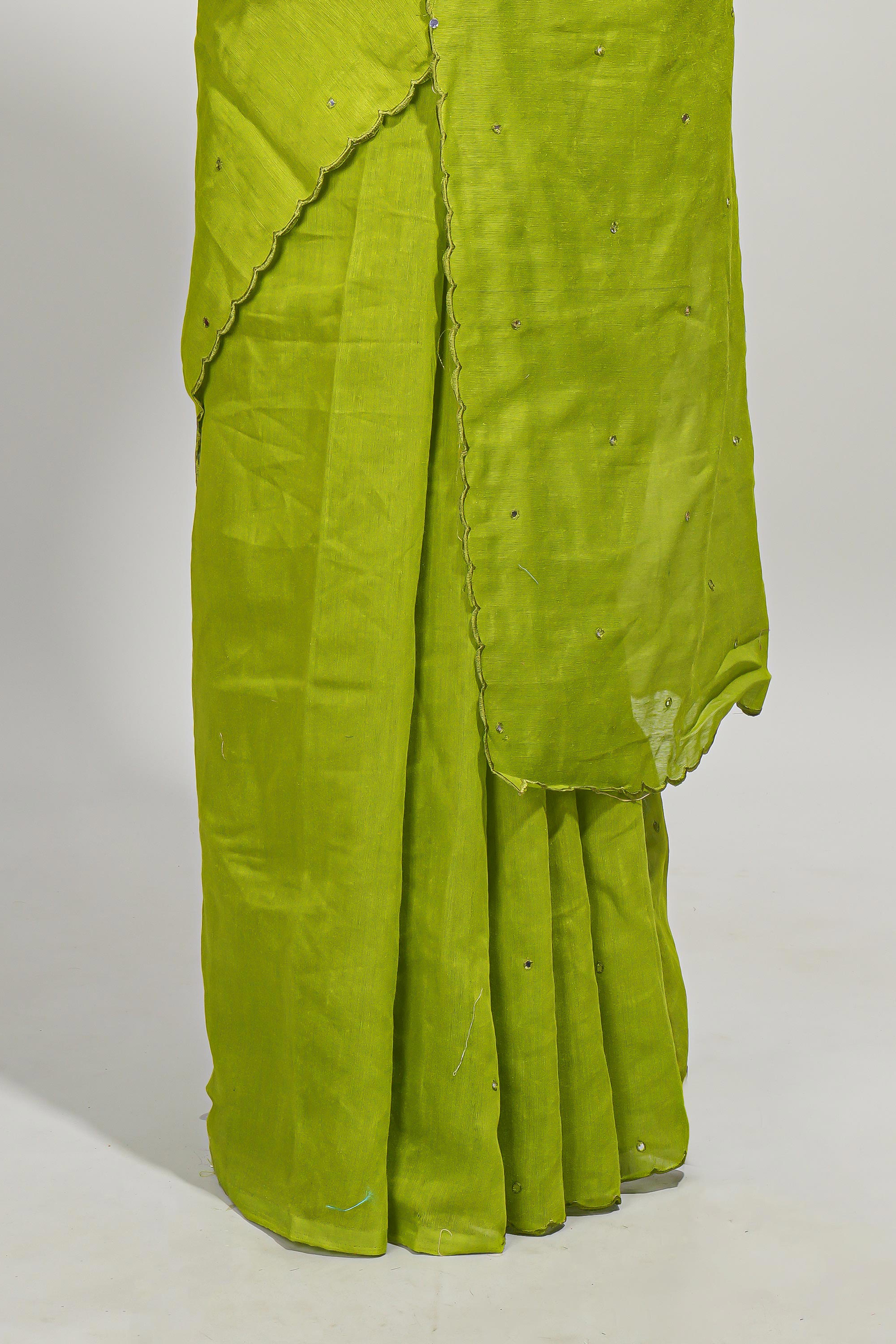 Lime green mirror work embroidery design mul mul cotton saree with self scallop border and contrast multi color blouse