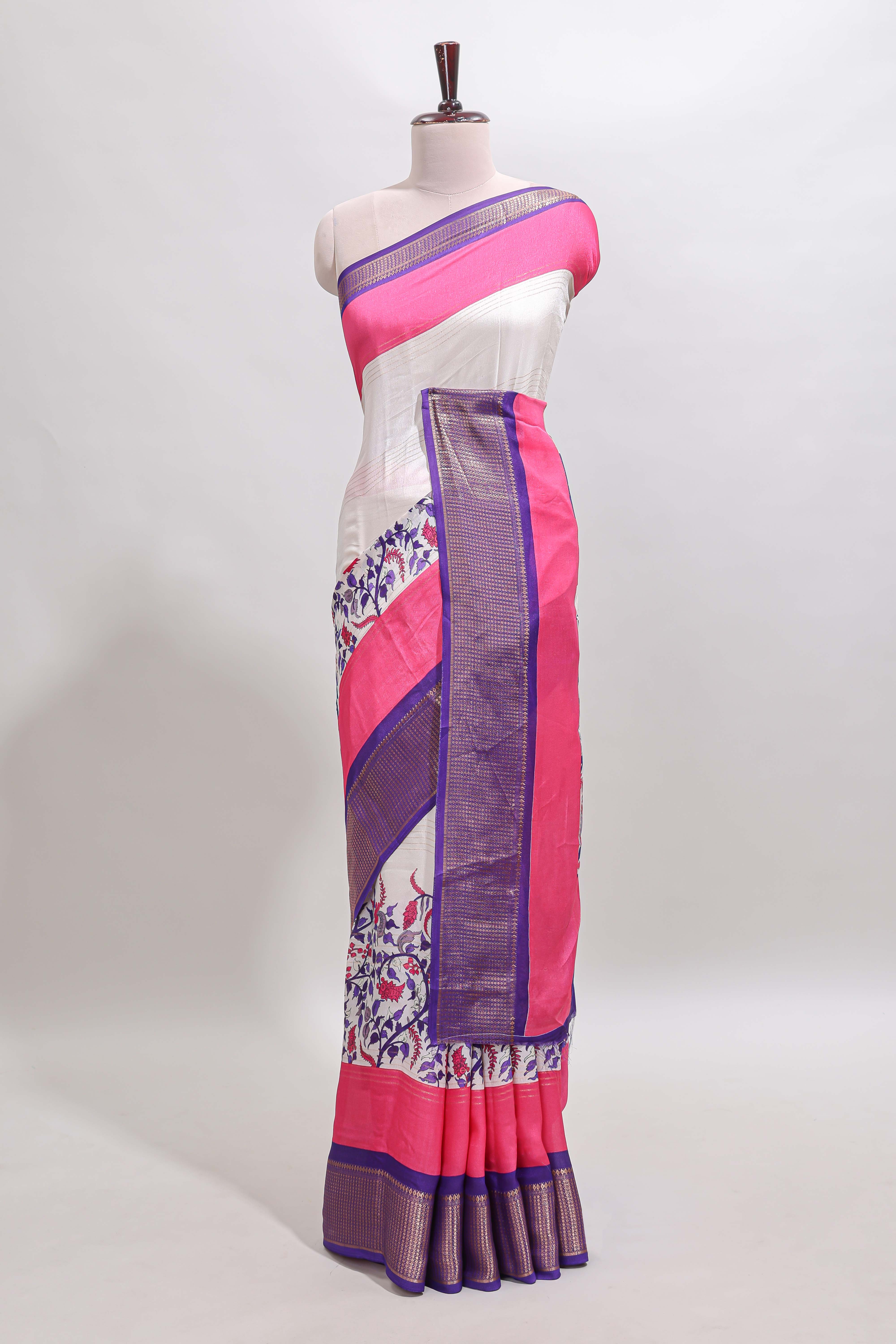 Pink & white zari striped floral design marsh mellow saree withcontrast zari border and blouse