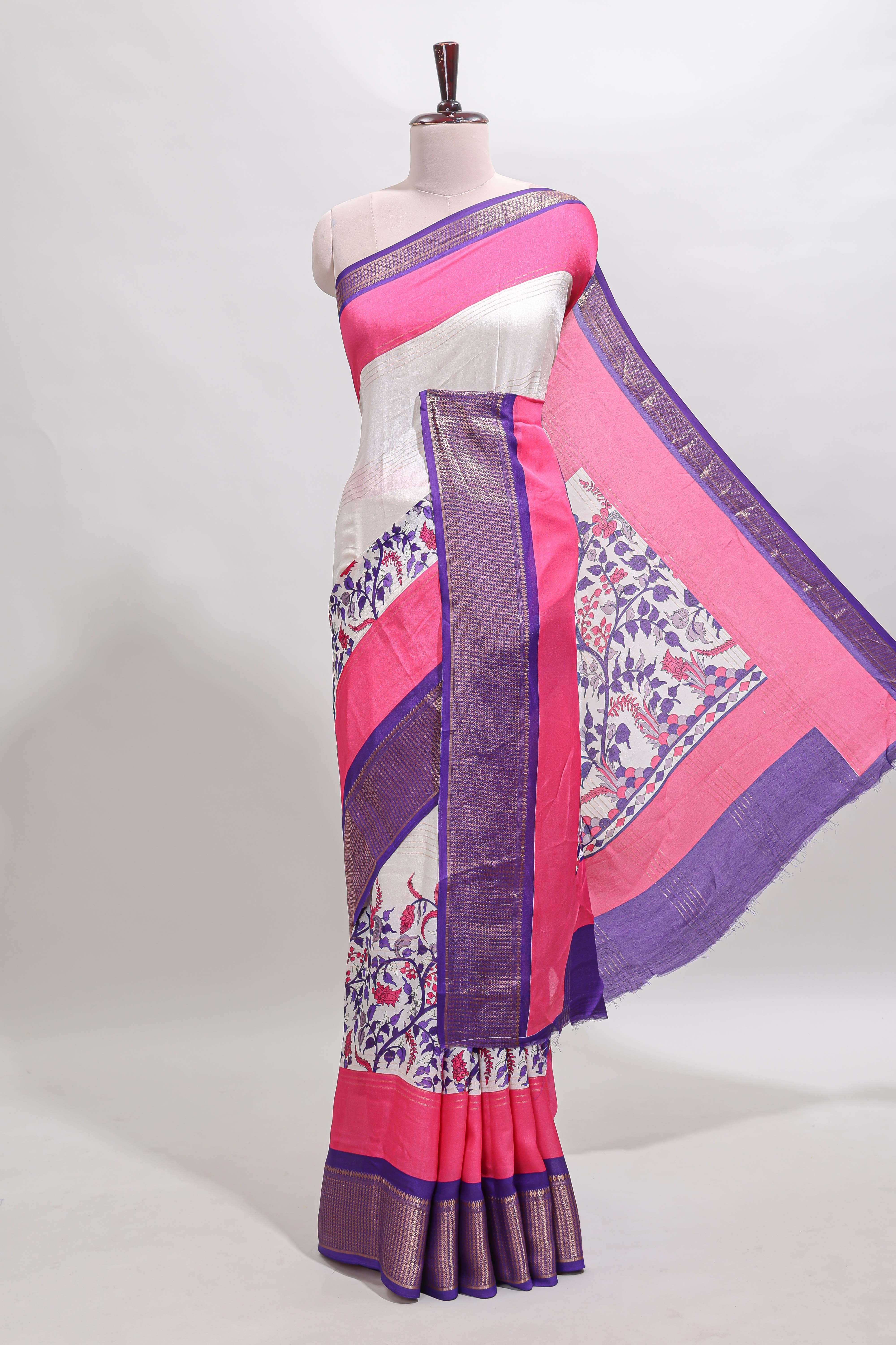 Pink & white zari striped floral design marsh mellow saree withcontrast zari border and blouse