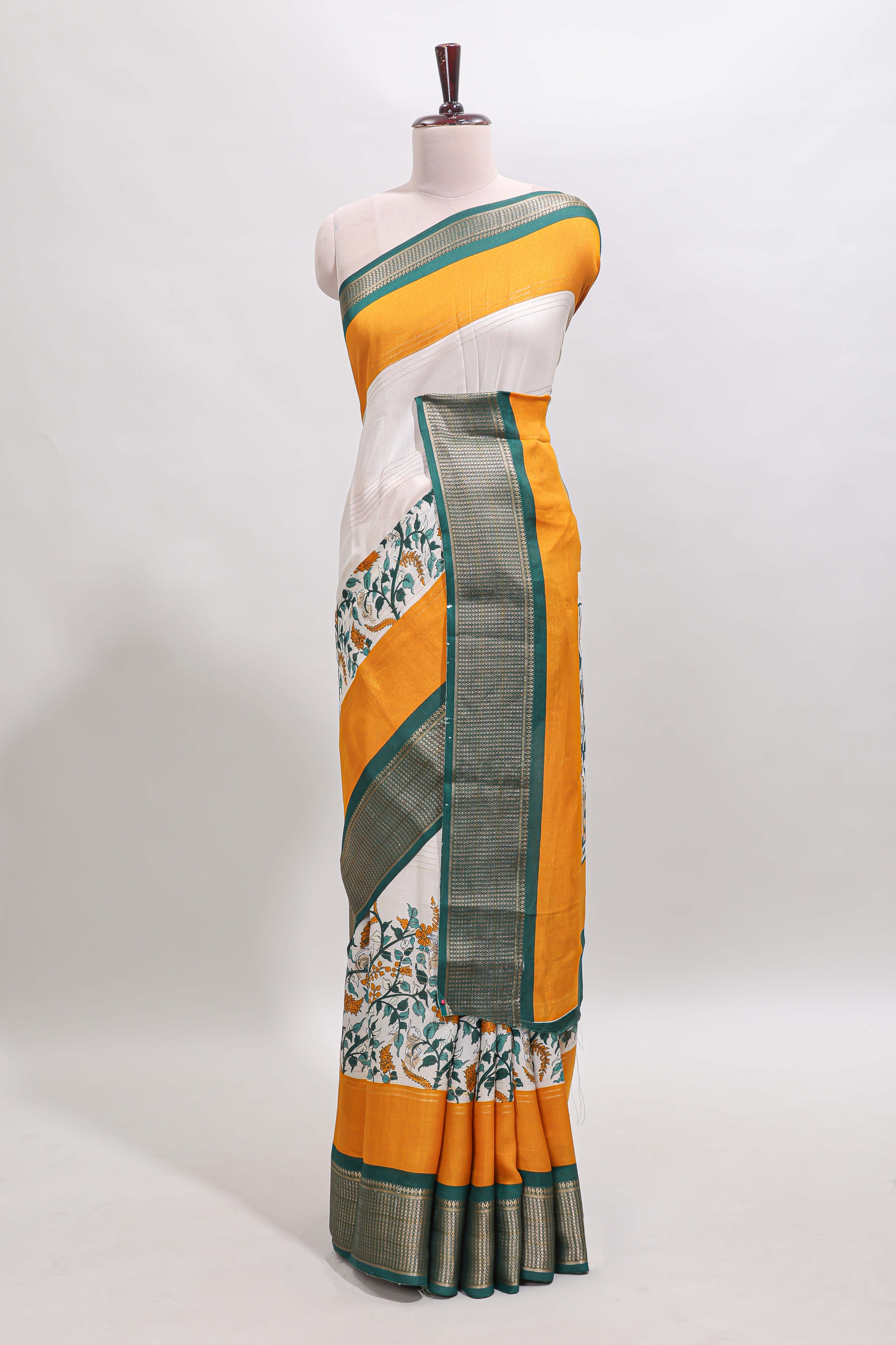 Mustard & white zari striped floral design marsh mellow saree withcontrast zari border and blouse