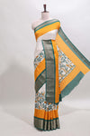 Mustard & white zari striped floral design marsh mellow saree withcontrast zari border and blouse