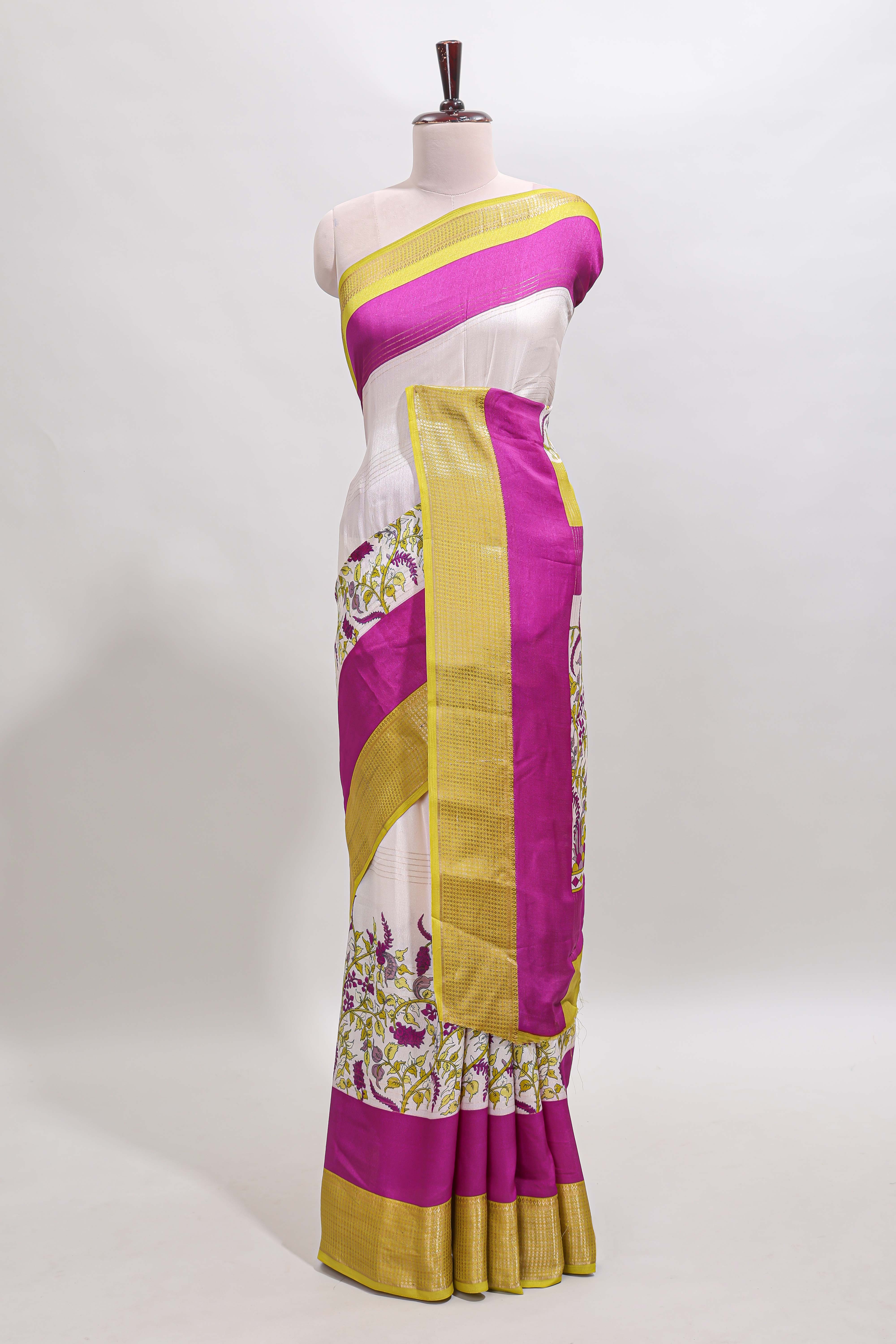 Rose pink & white zari striped floral design marsh mellow saree withcontrast zari border and blouse