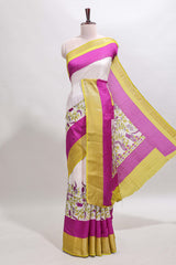 Rose pink & white zari striped floral design marsh mellow saree withcontrast zari border and blouse
