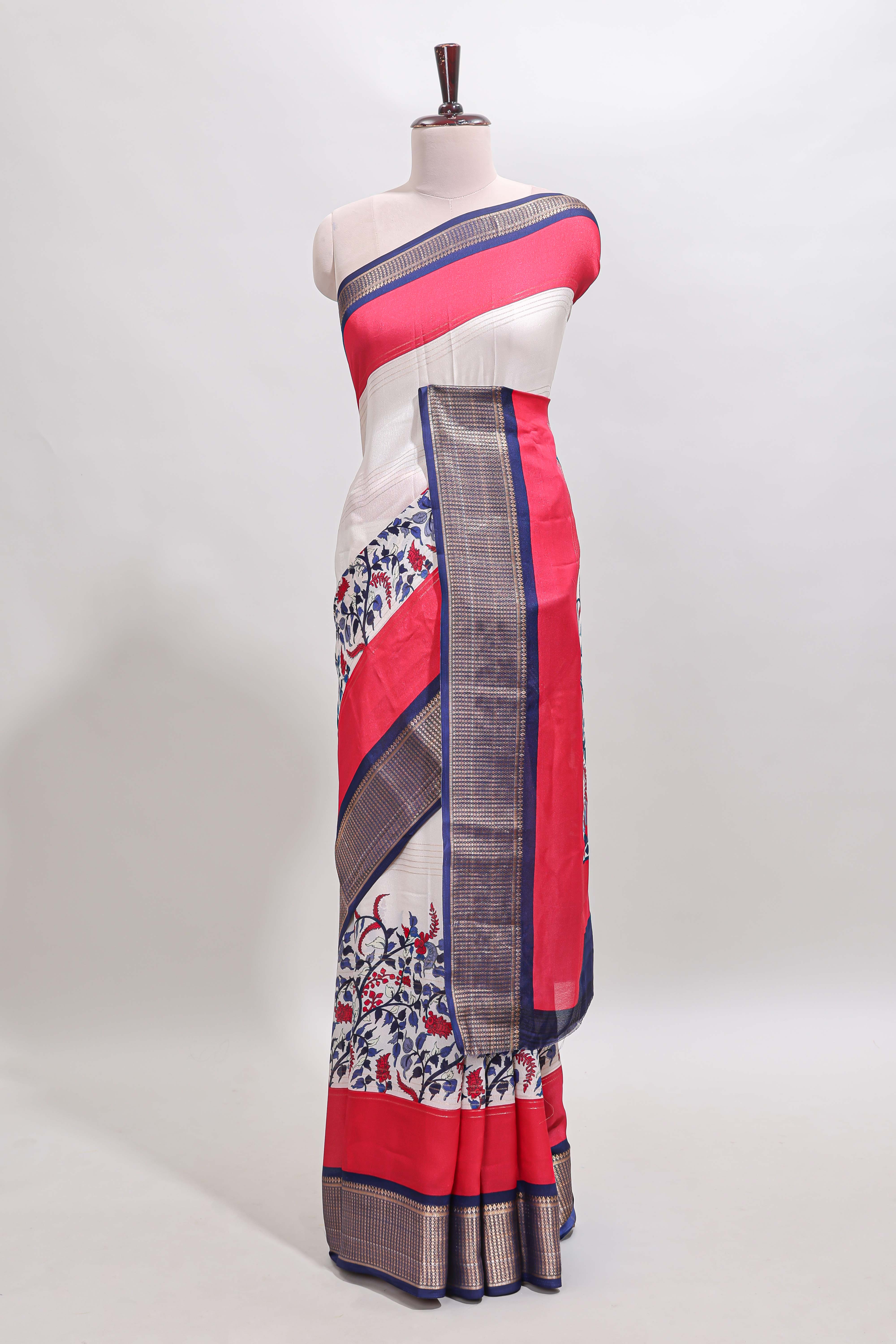 Red & white zari striped floral design marsh mellow saree withcontrast zari border and blouse