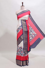 Red & white zari striped floral design marsh mellow saree withcontrast zari border and blouse