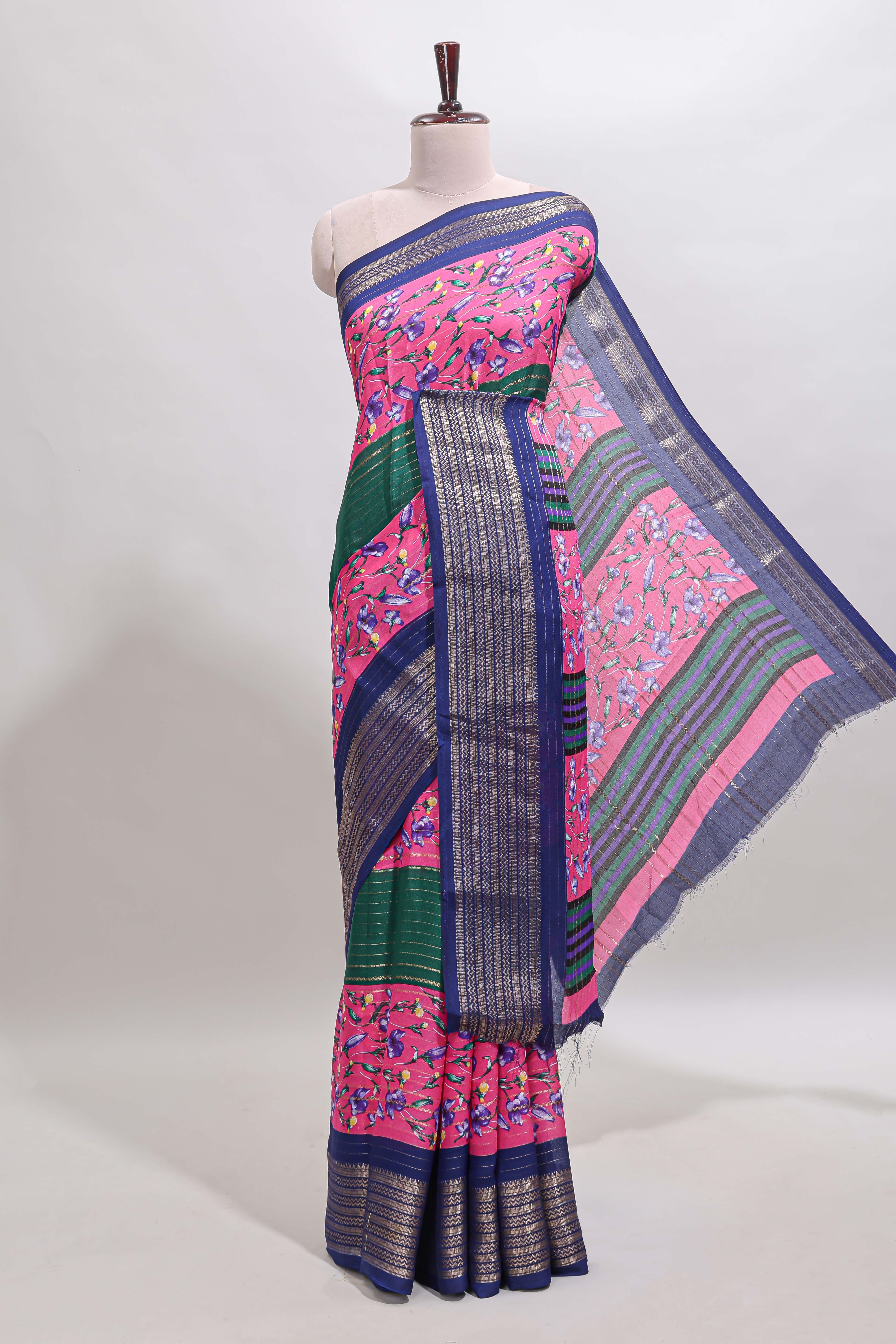 Multi color zari striped floral design marsh mellow saree withcontrast zari border and blouse