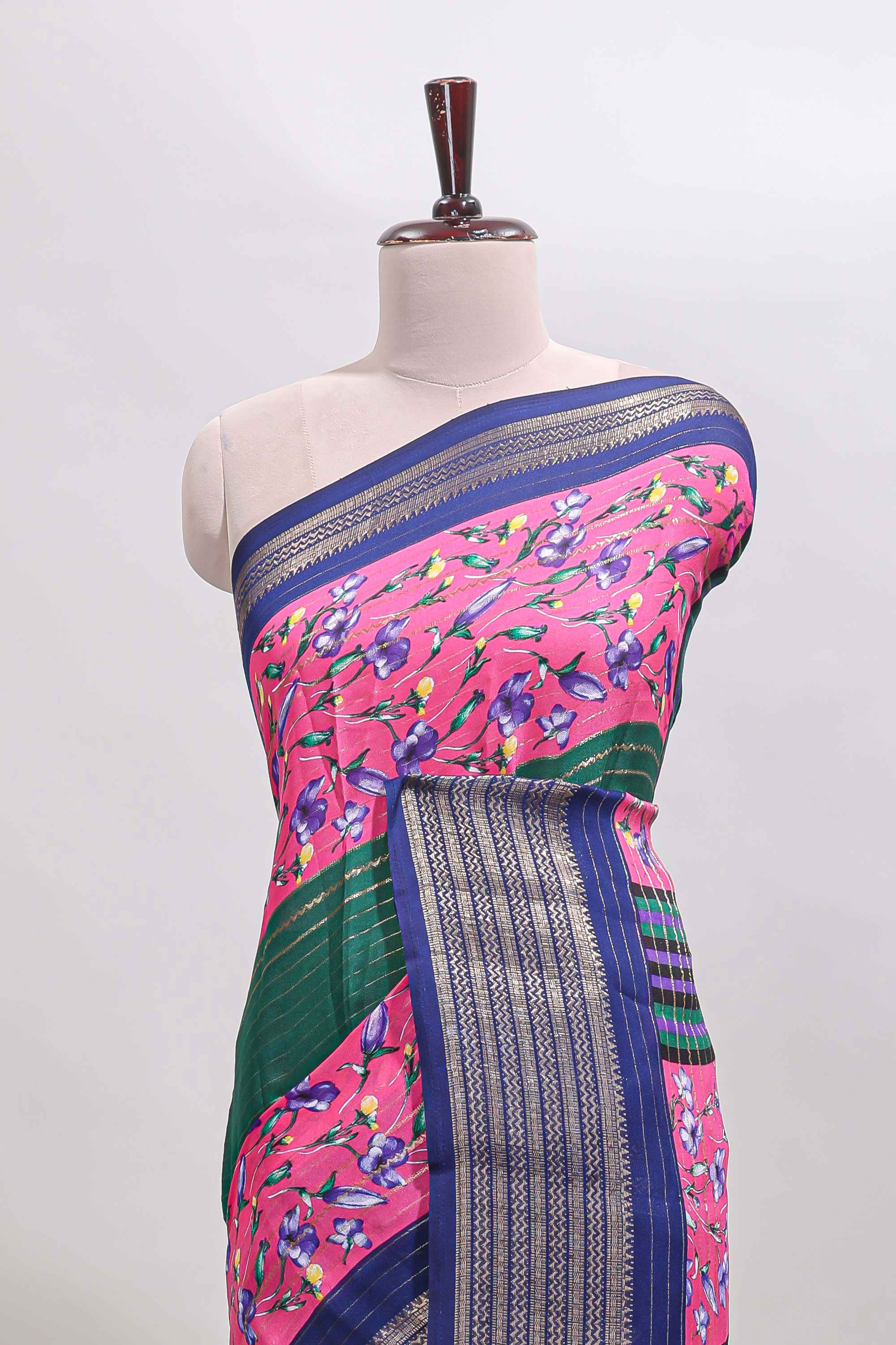 Multi color zari striped floral design marsh mellow saree withcontrast zari border and blouse