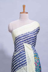 Navy blue colourshibori printed marsh mellow saree with contrast border and matching printed blouse