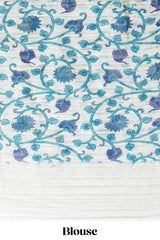 Navy blue colourshibori printed marsh mellow saree with contrast border and matching printed blouse