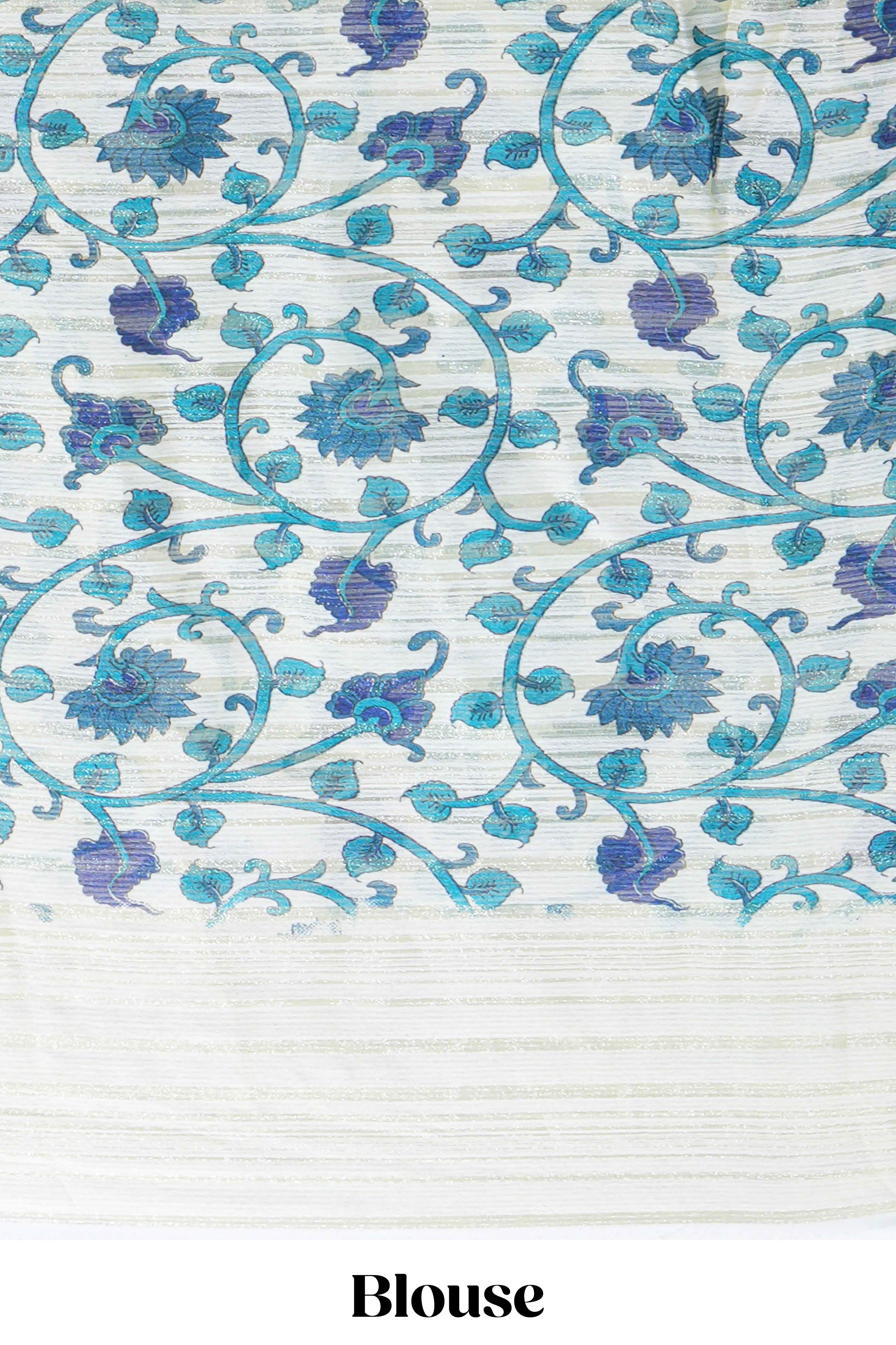 Navy blue colourshibori printed marsh mellow saree with contrast border and matching printed blouse