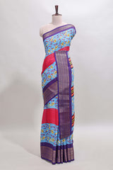 Multi color zari striped floral design marsh mellow saree withcontrast zari border and blouse