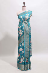 Green checked floral design marsh mellow saree with self zari border and matching blouse