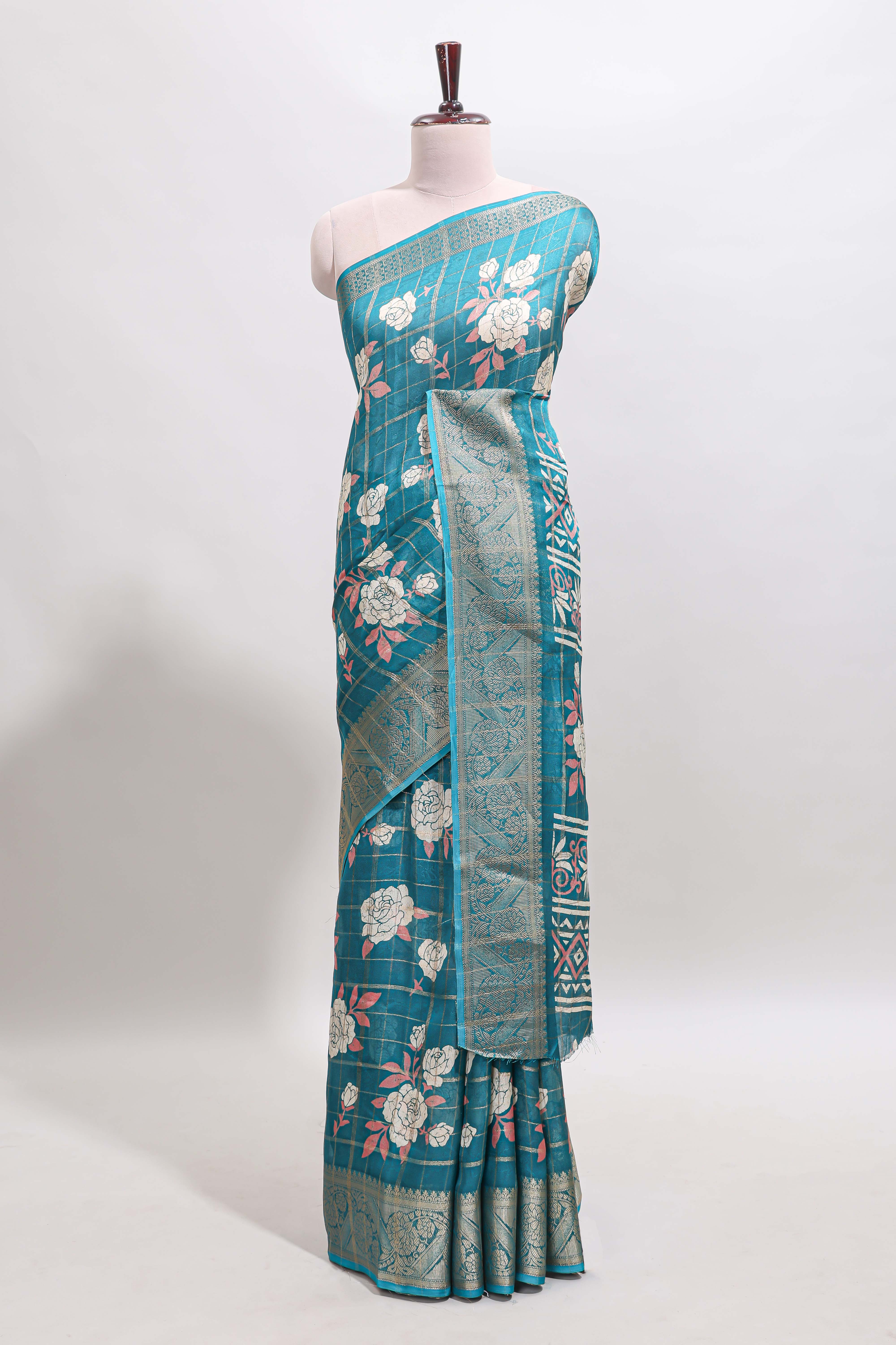 Green checked floral design marsh mellow saree with self zari border and matching blouse
