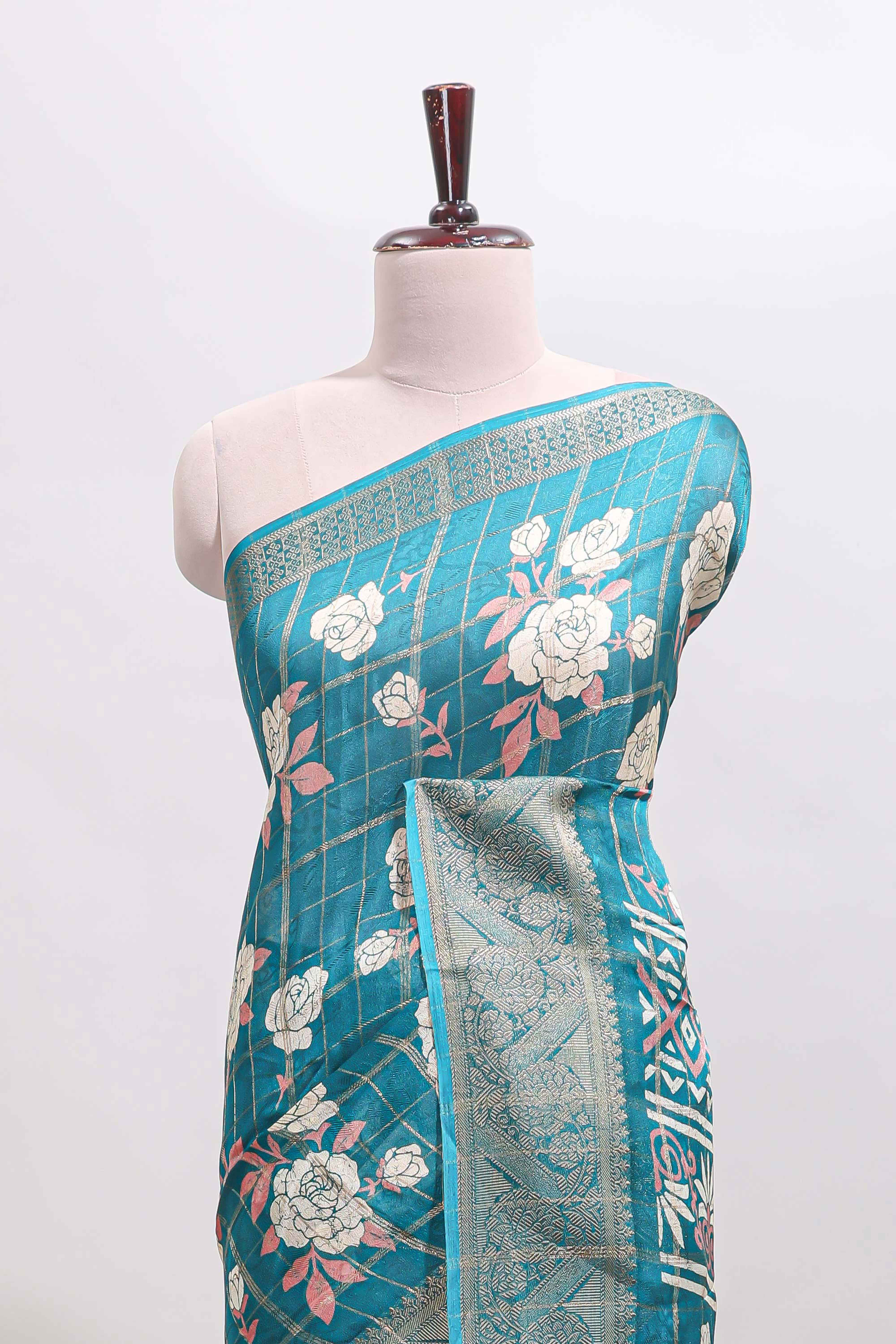 Green checked floral design marsh mellow saree with self zari border and matching blouse