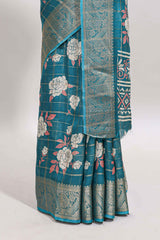 Green checked floral design marsh mellow saree with self zari border and matching blouse