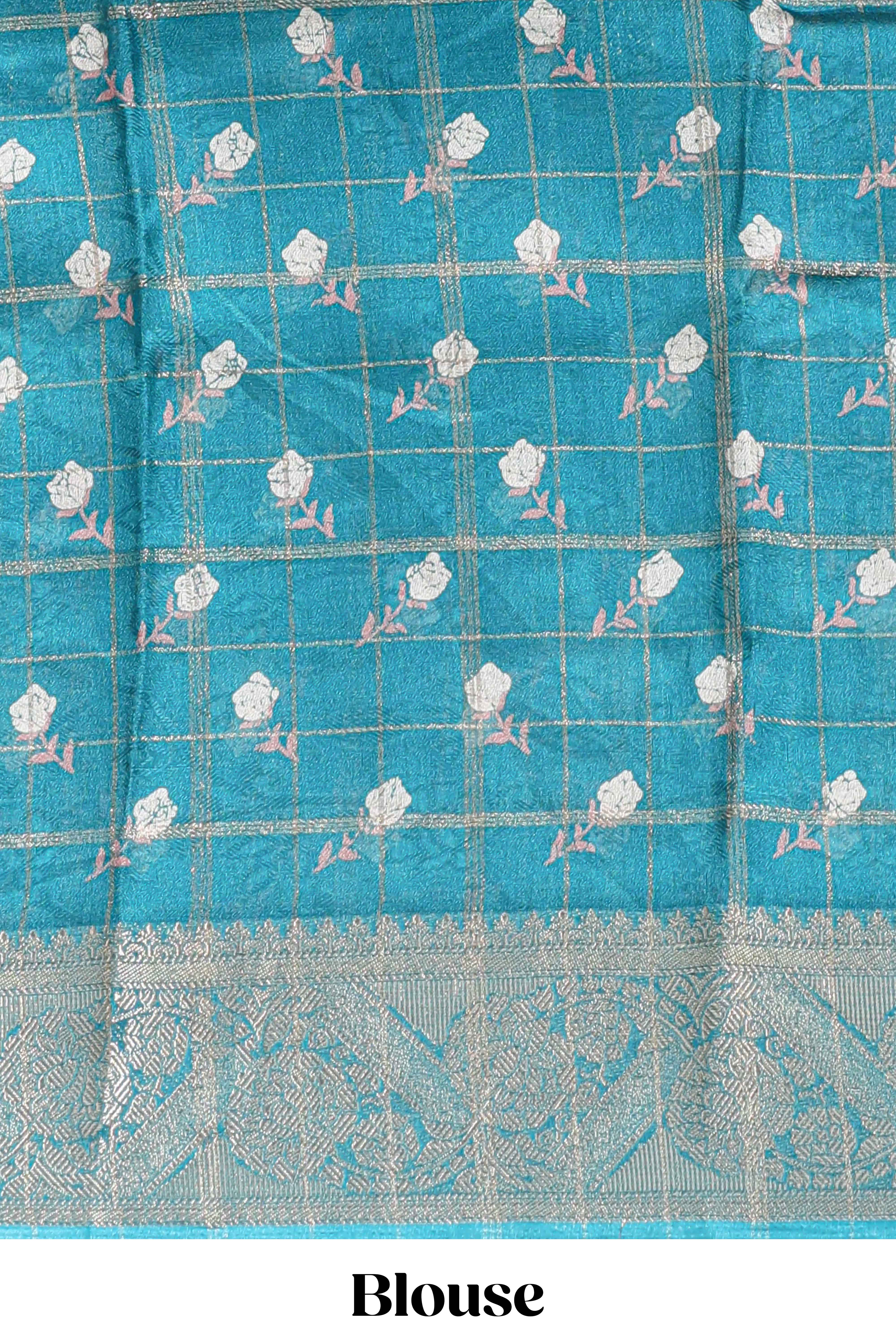 Green checked floral design marsh mellow saree with self zari border and matching blouse