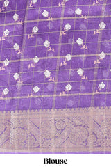 Violet checked floral design marsh mellow saree with self zari border and matching blouse