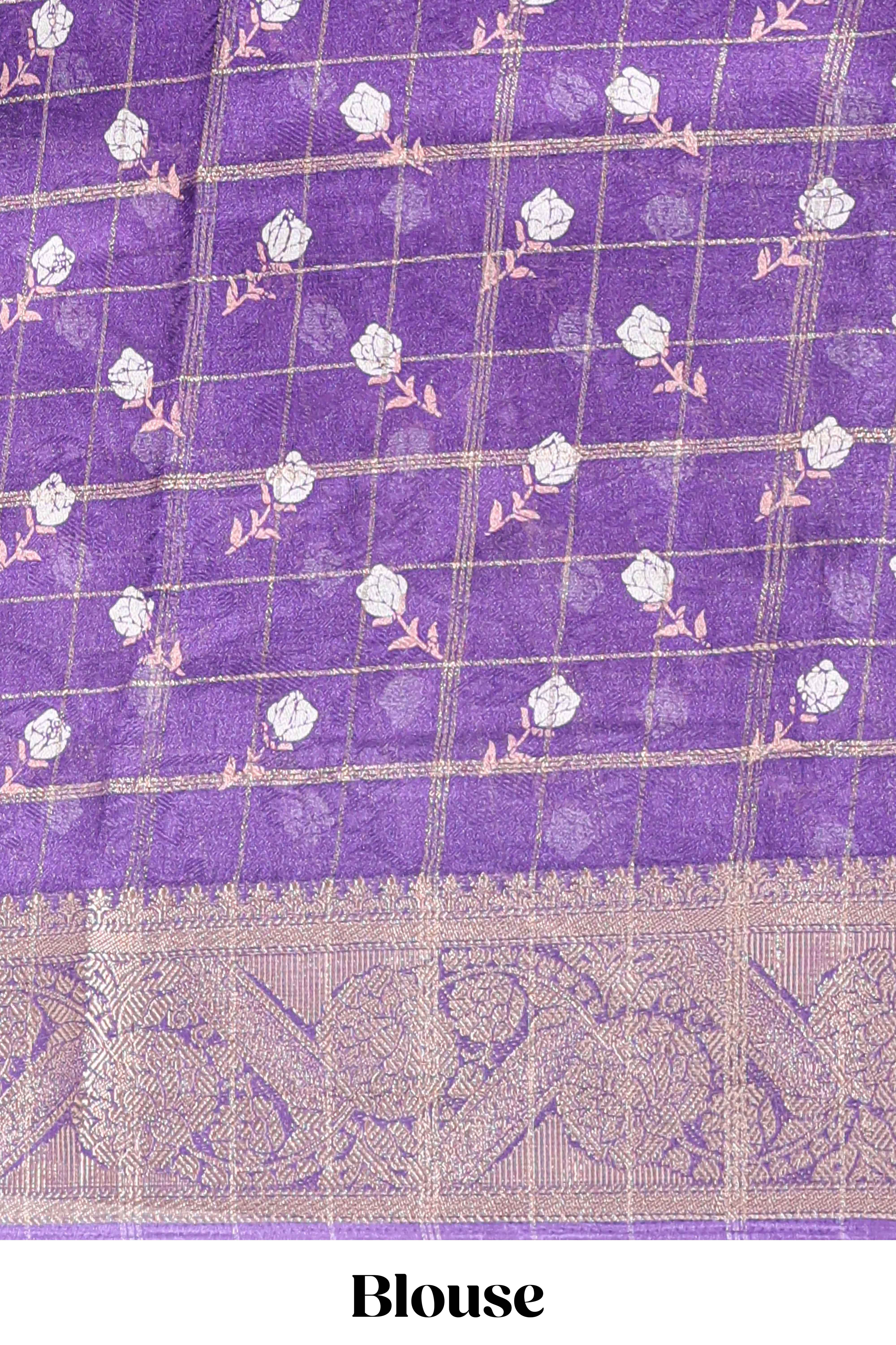 Violet checked floral design marsh mellow saree with self zari border and matching blouse