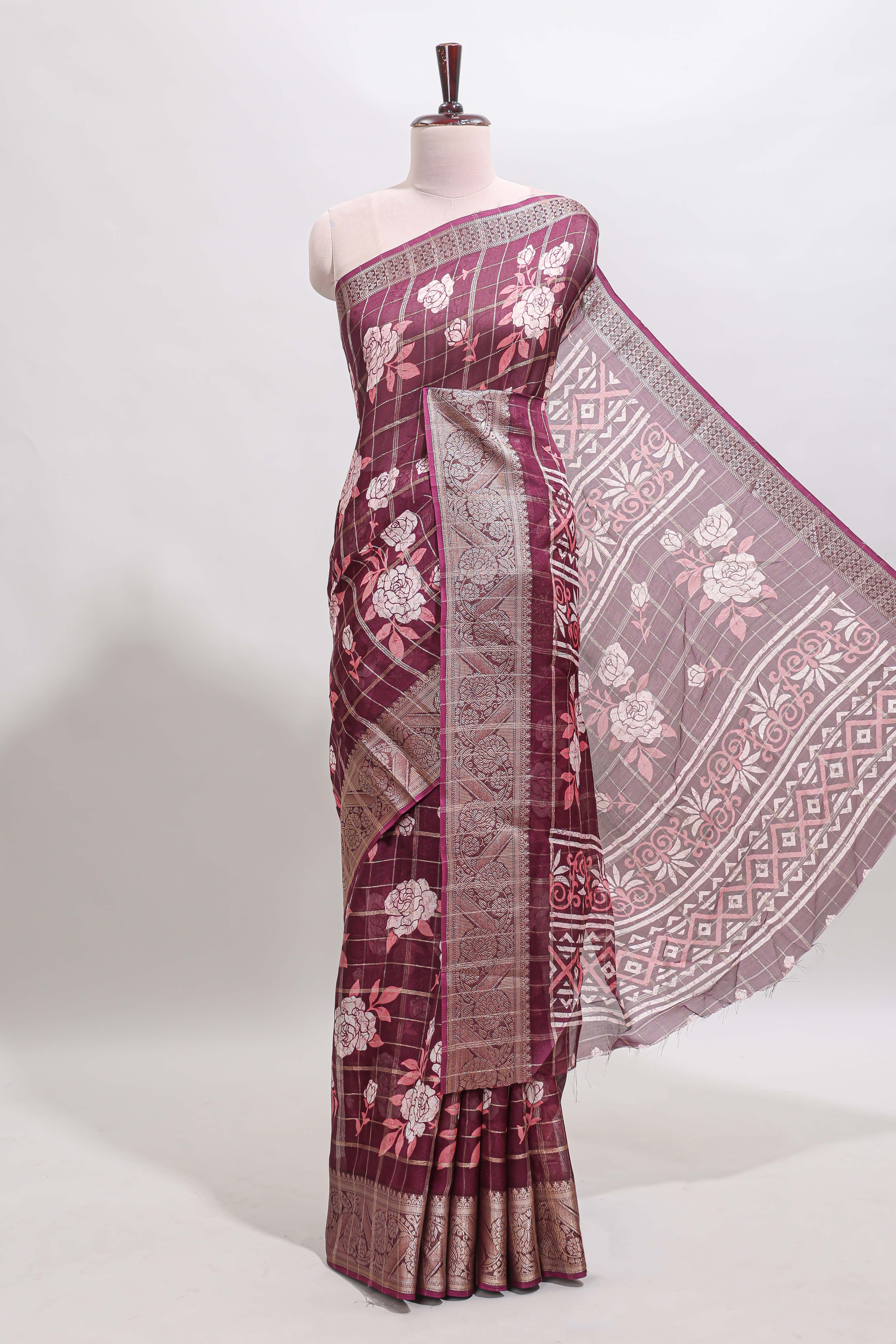 Maroon checked floral design marsh mellow saree with self zari border and matching blouse