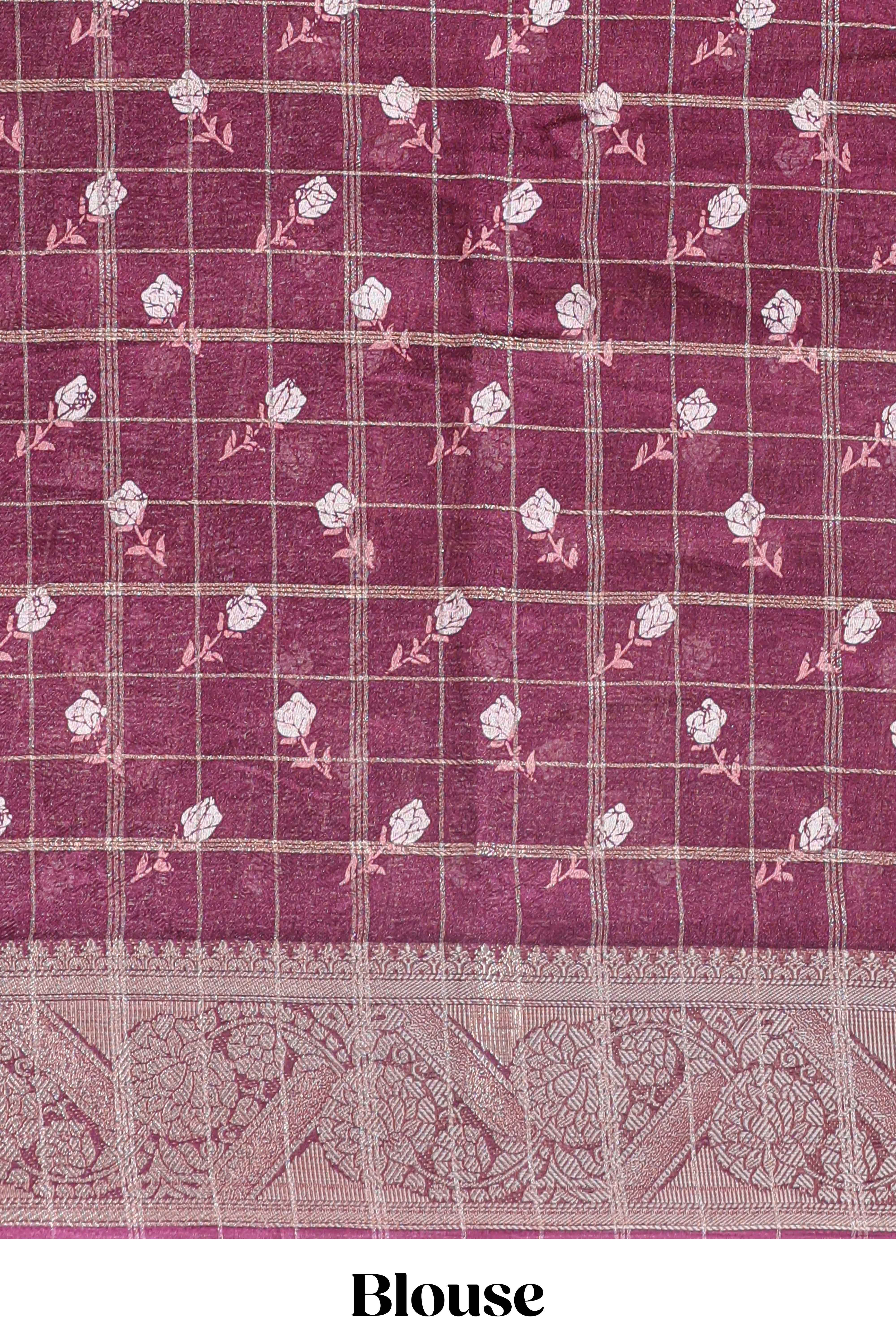 Maroon checked floral design marsh mellow saree with self zari border and matching blouse