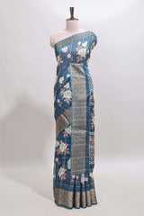 Blue checked floral design marsh mellow saree with self zari border and matching blouse