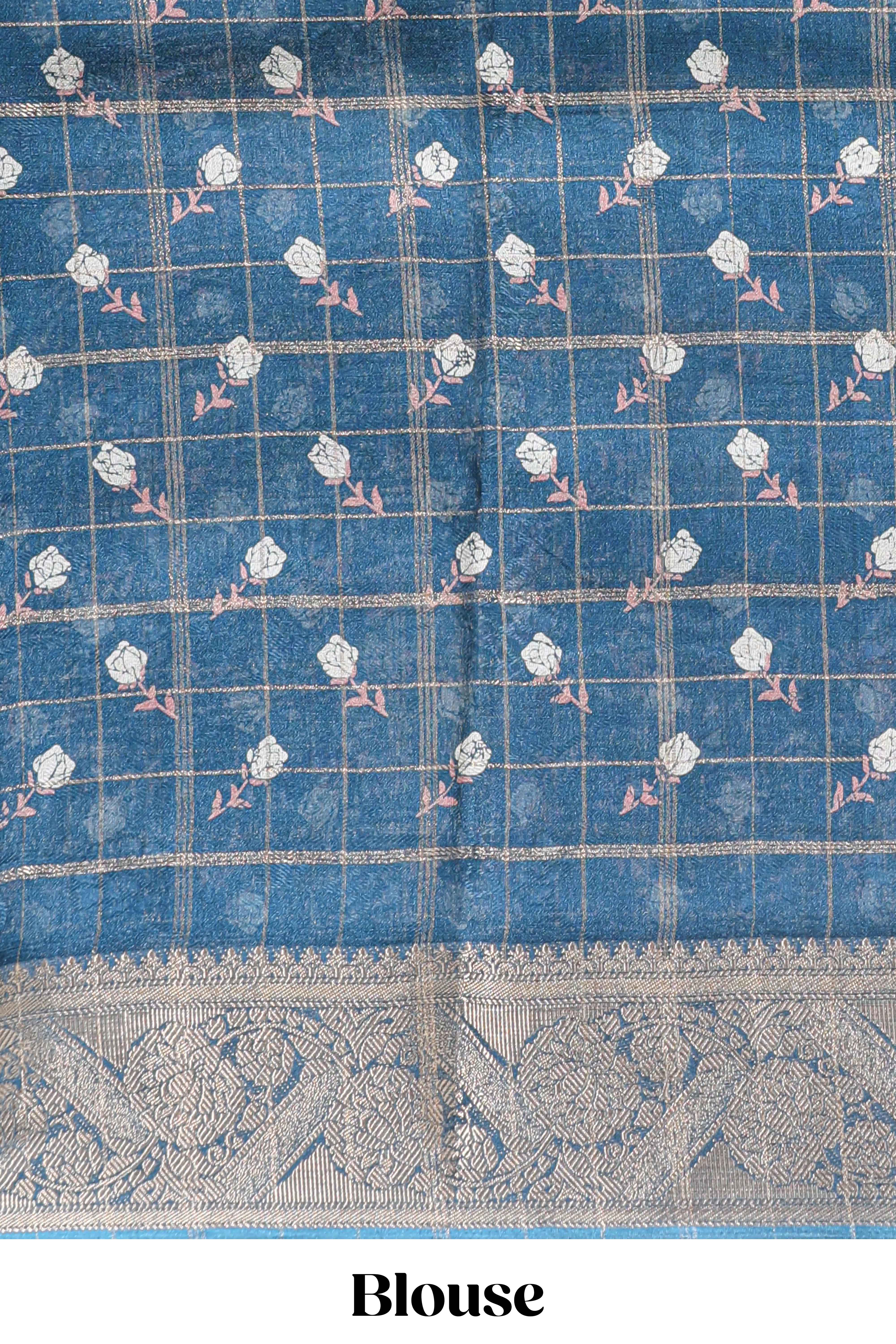 Blue checked floral design marsh mellow saree with self zari border and matching blouse