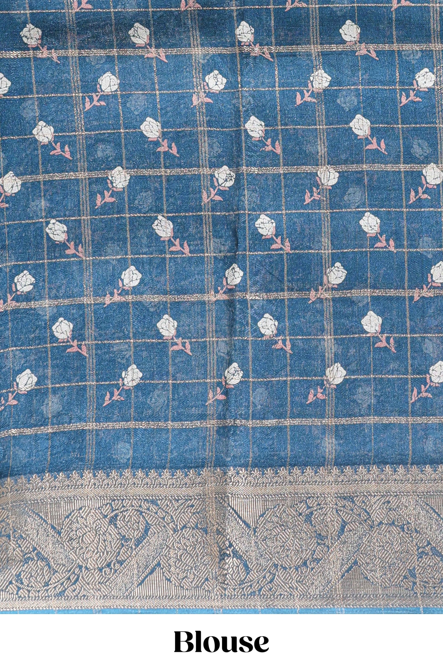 Blue checked floral design marsh mellow saree with self zari border and matching blouse