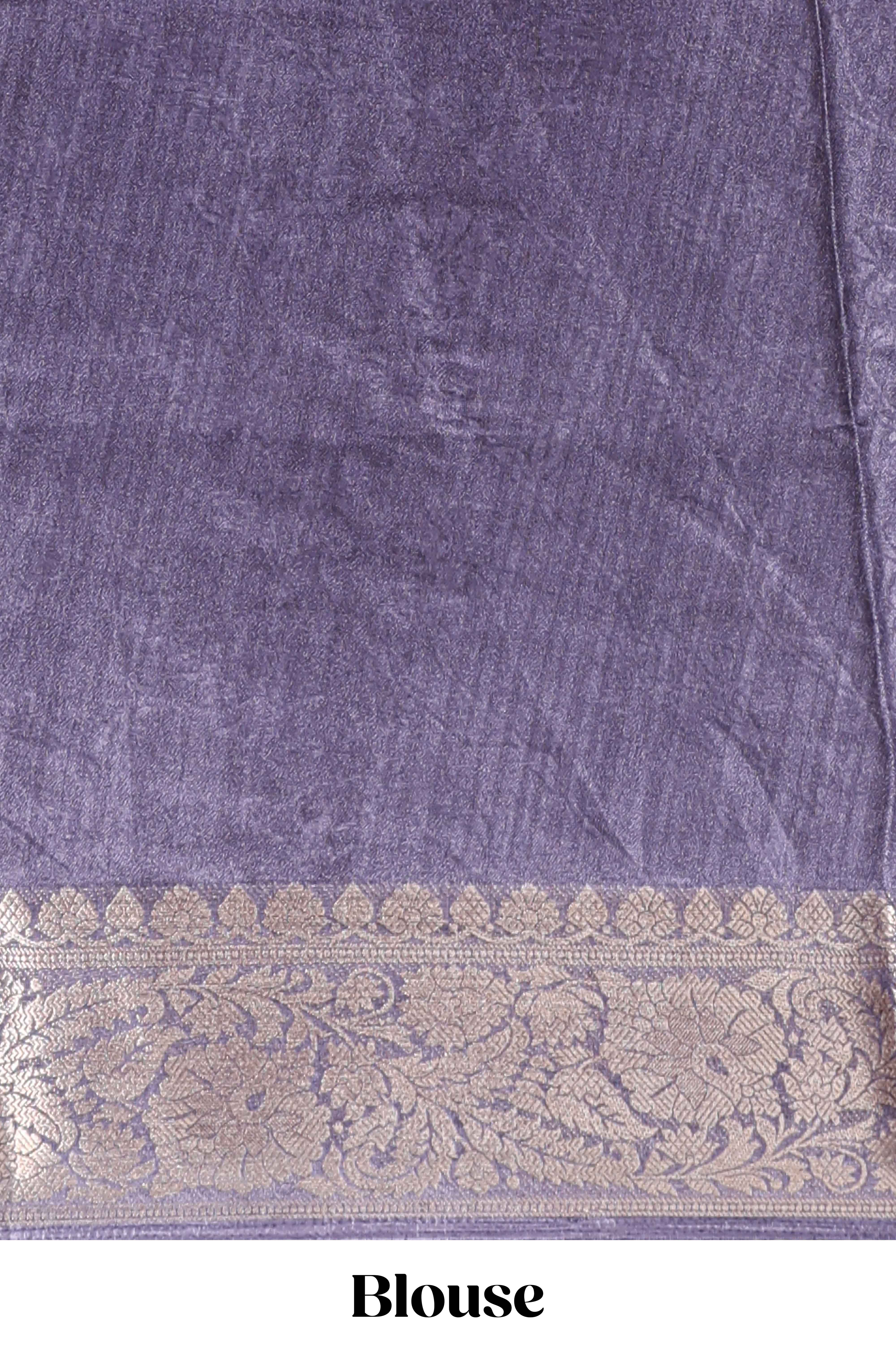 Lavender butterfly & floral design marsh mellow saree with contrast zari border and contrast blouse