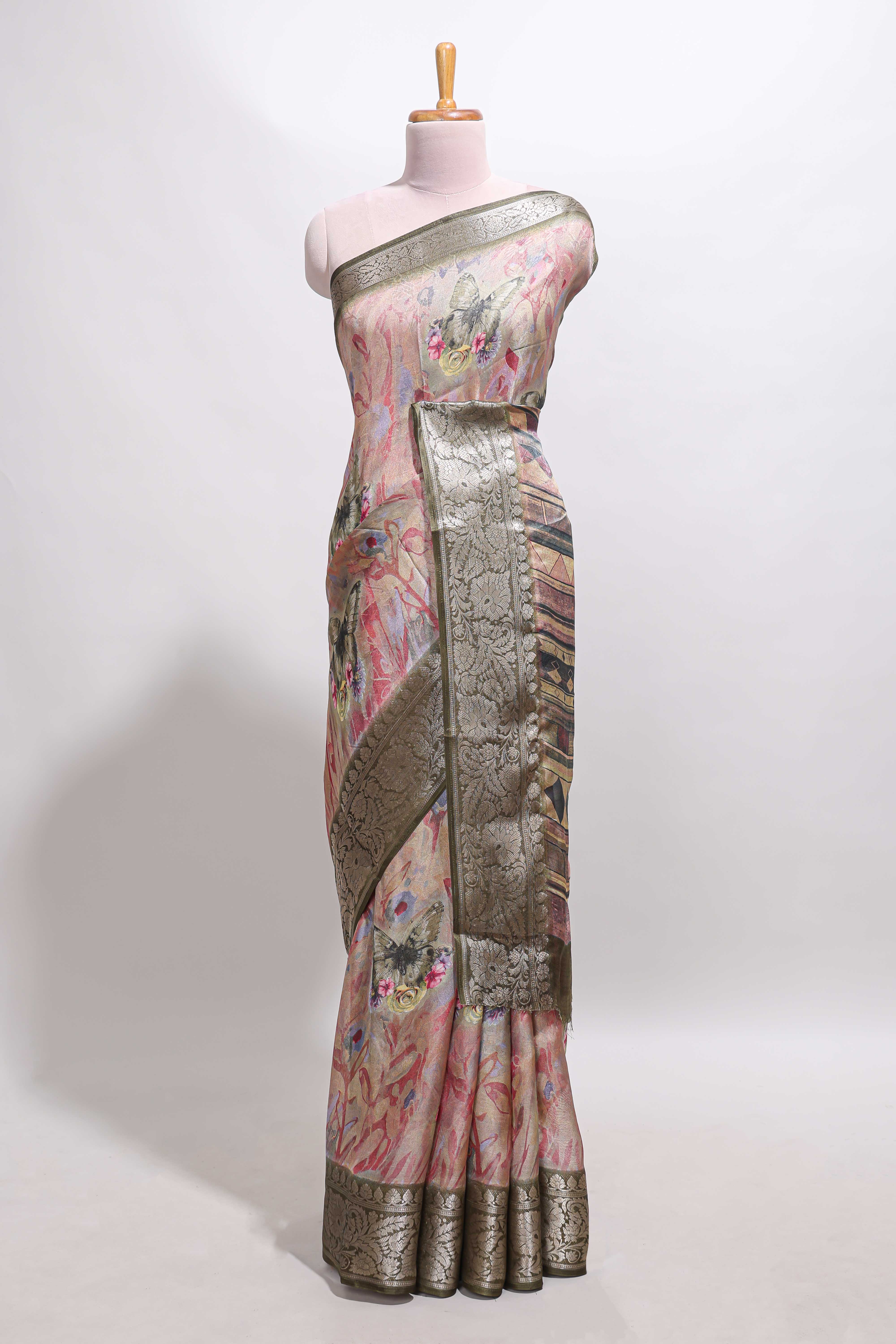 Pink butterfly & floral design marsh mellow saree with contrast zari border and contrast blouse