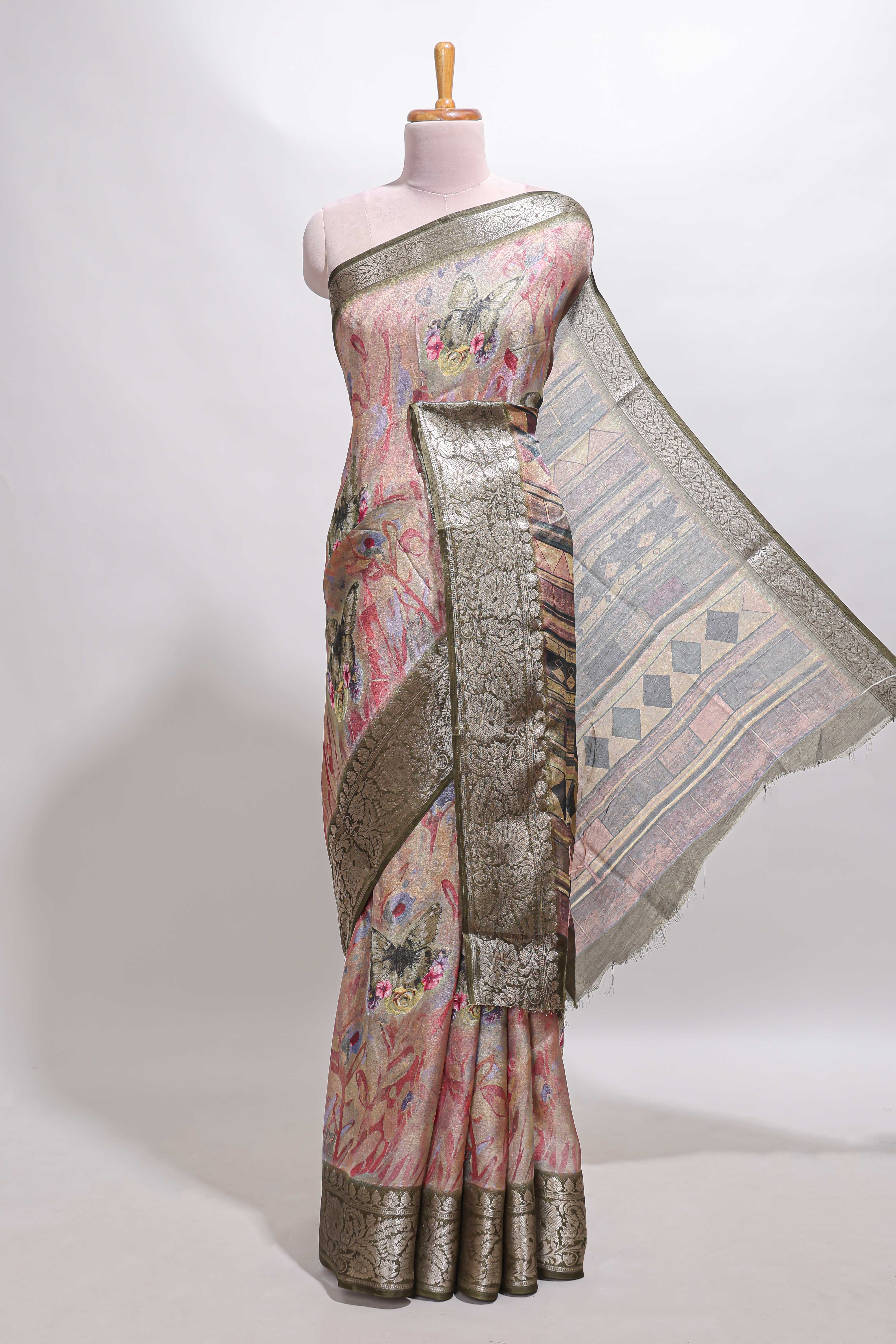 Pink butterfly & floral design marsh mellow saree with contrast zari border and contrast blouse