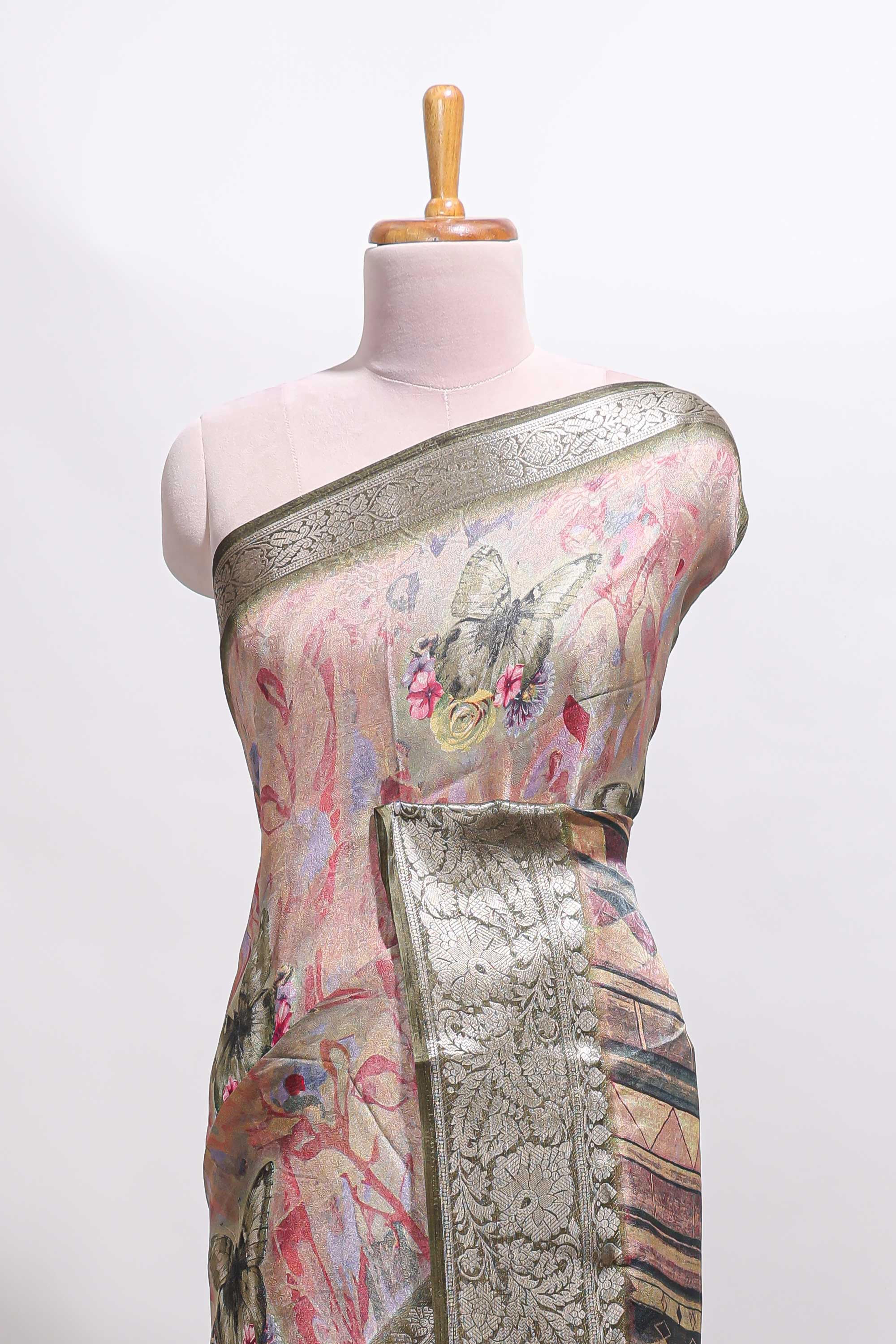 Pink butterfly & floral design marsh mellow saree with contrast zari border and contrast blouse