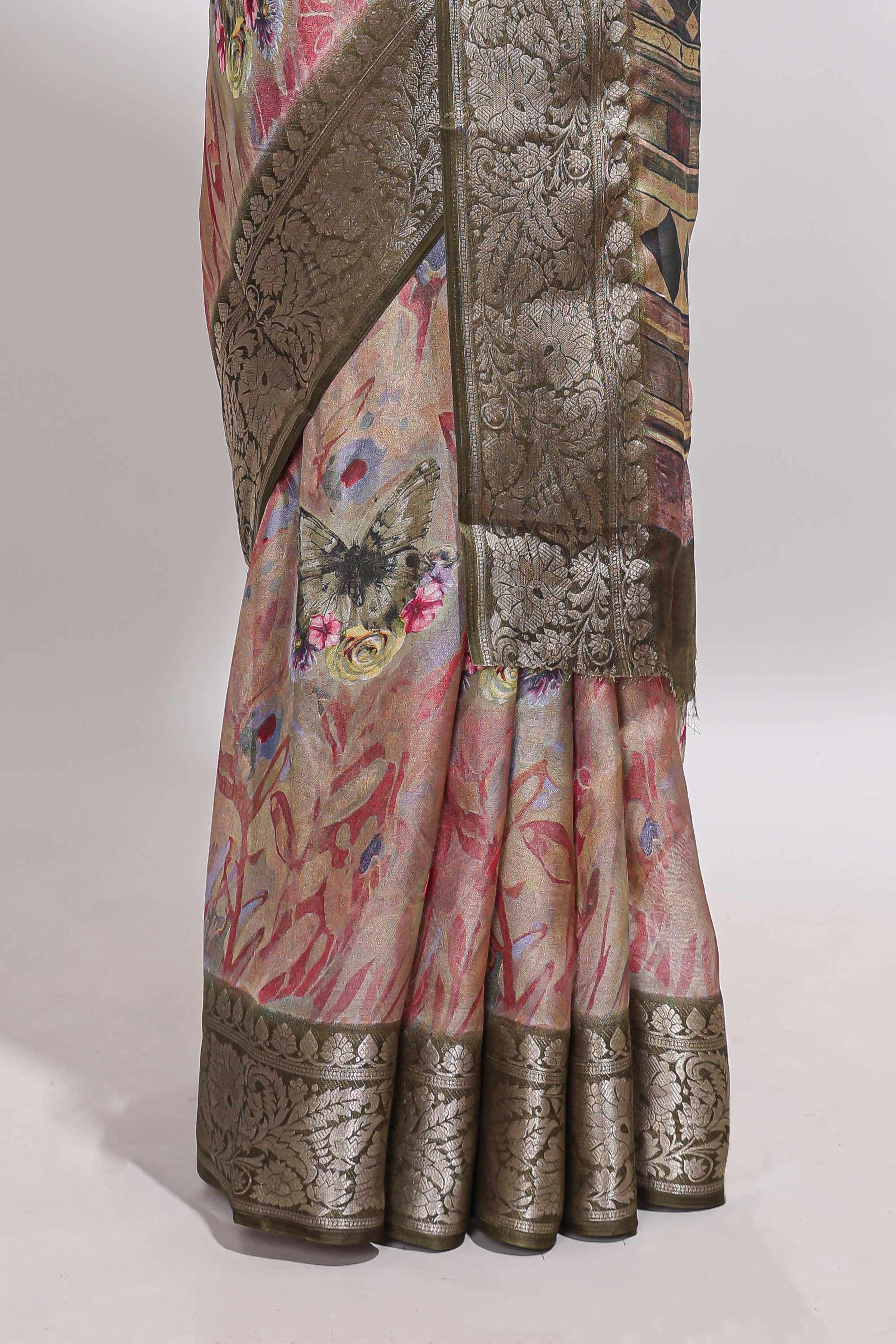 Pink butterfly & floral design marsh mellow saree with contrast zari border and contrast blouse