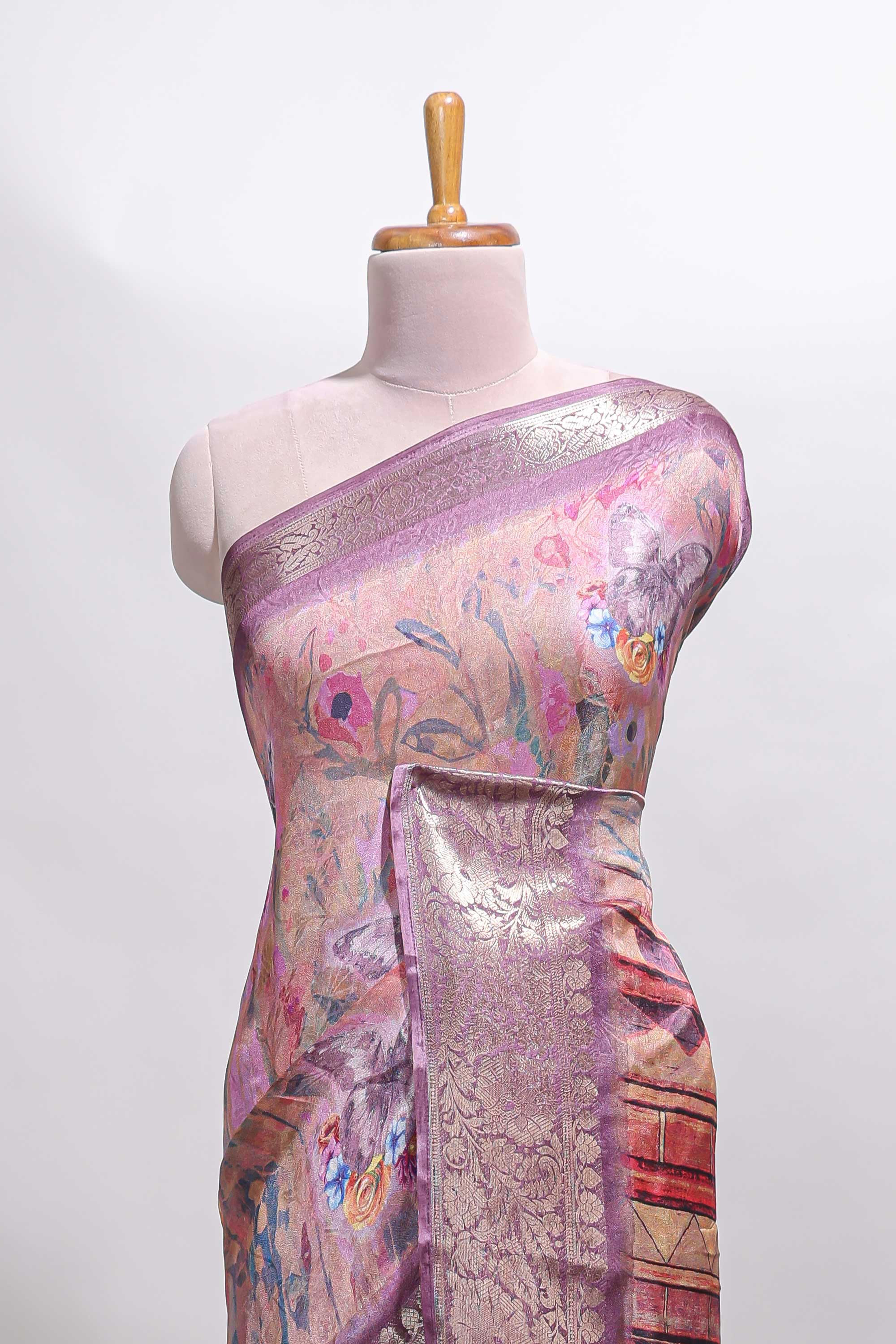 Rose pink butterfly & floral design marsh mellow saree with contrast zari border and contrast blouse