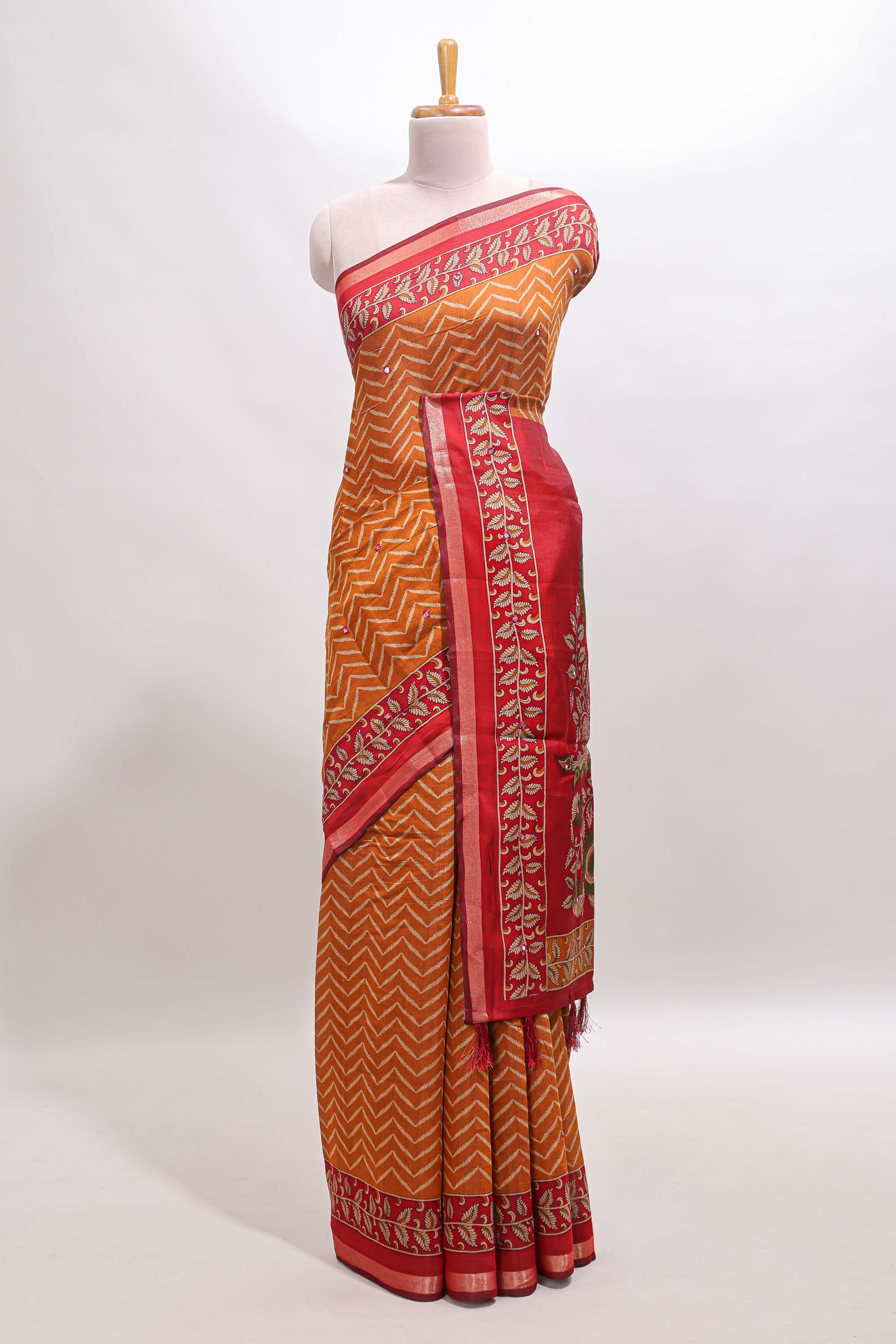 Mustard yellow chevron print marsh mellow saree with contrast zari border and contrast blouse