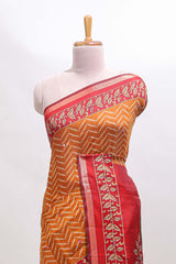 Mustard yellow chevron print marsh mellow saree with contrast zari border and contrast blouse