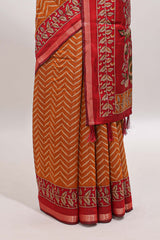 Mustard yellow chevron print marsh mellow saree with contrast zari border and contrast blouse