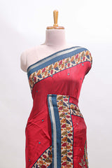Maroon marsh mellow saree featuring mirror embroidery, contrast floral printed border & blouse