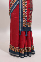 Maroon marsh mellow saree featuring mirror embroidery, contrast floral printed border & blouse