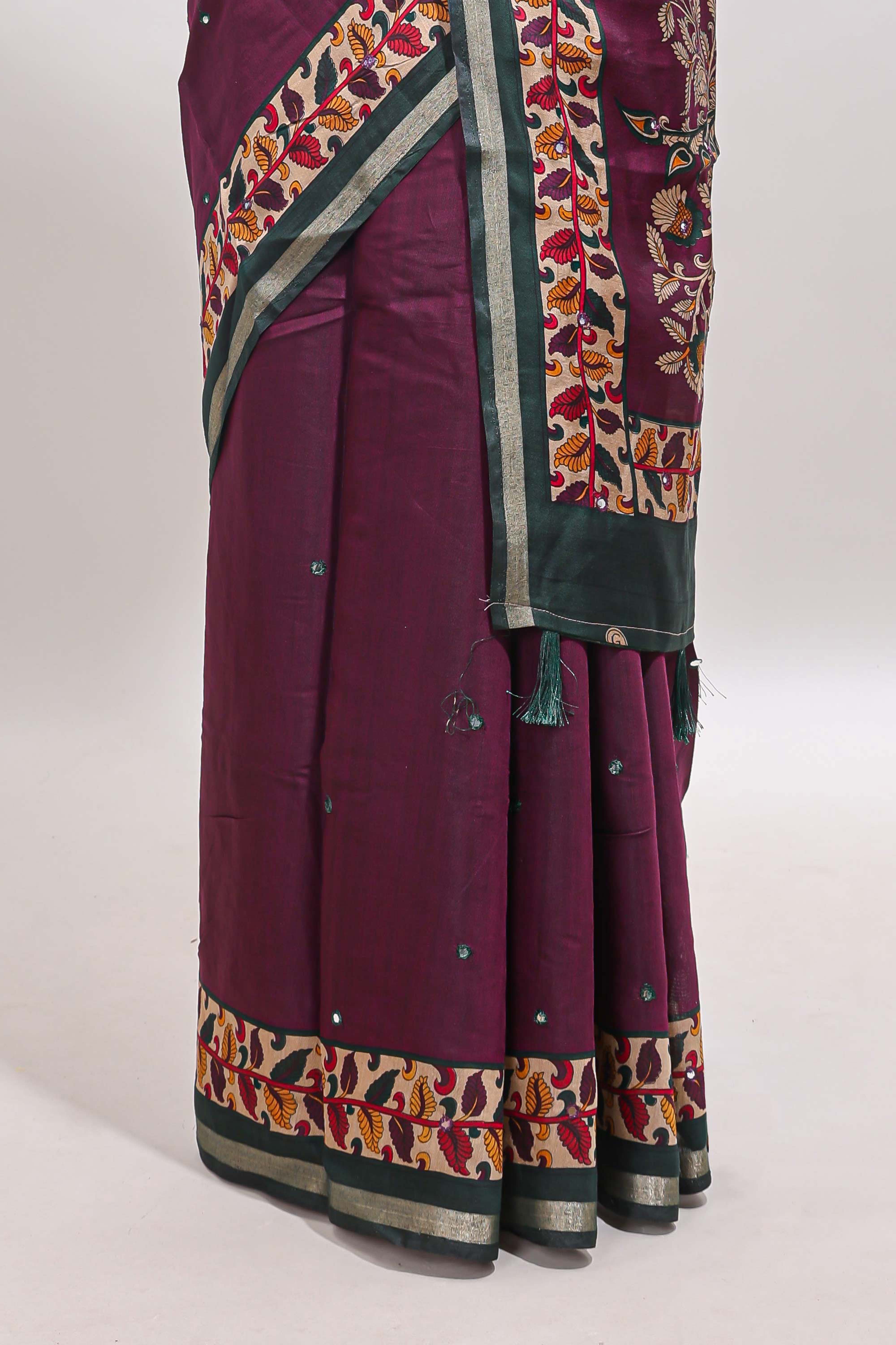 Purple marsh mellow saree featuring mirror embroidery, contrast floral printed border & blouse