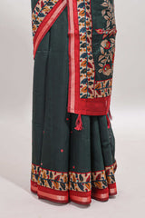 Green marsh mellow saree featuring mirror embroidery, contrast floral printed border & blouse