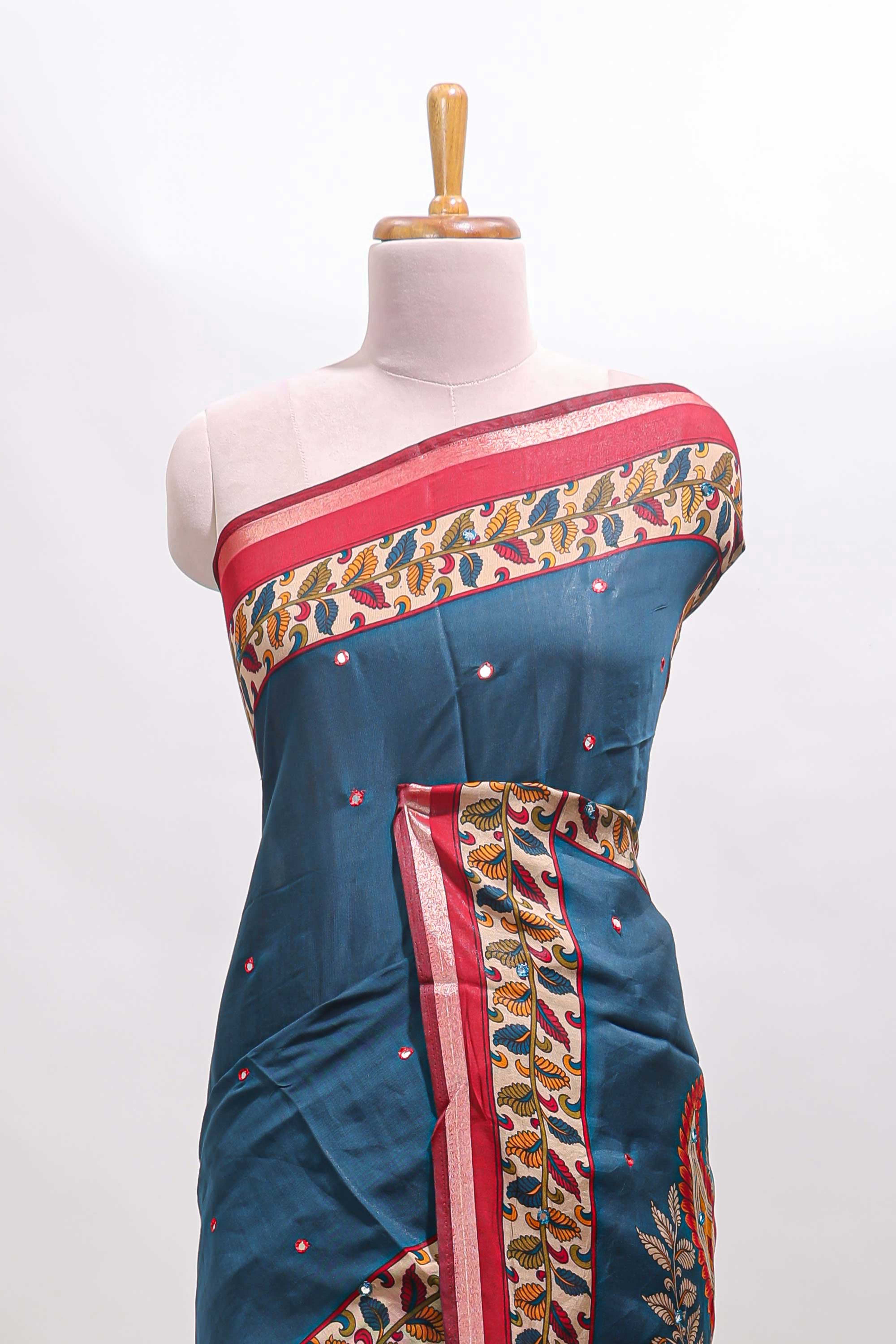 Blue marsh mellow saree featuring mirror embroidery, contrast floral printed border & blouse