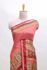 Peach printed marsh mellow saree with contrast floral border and tassel pallu